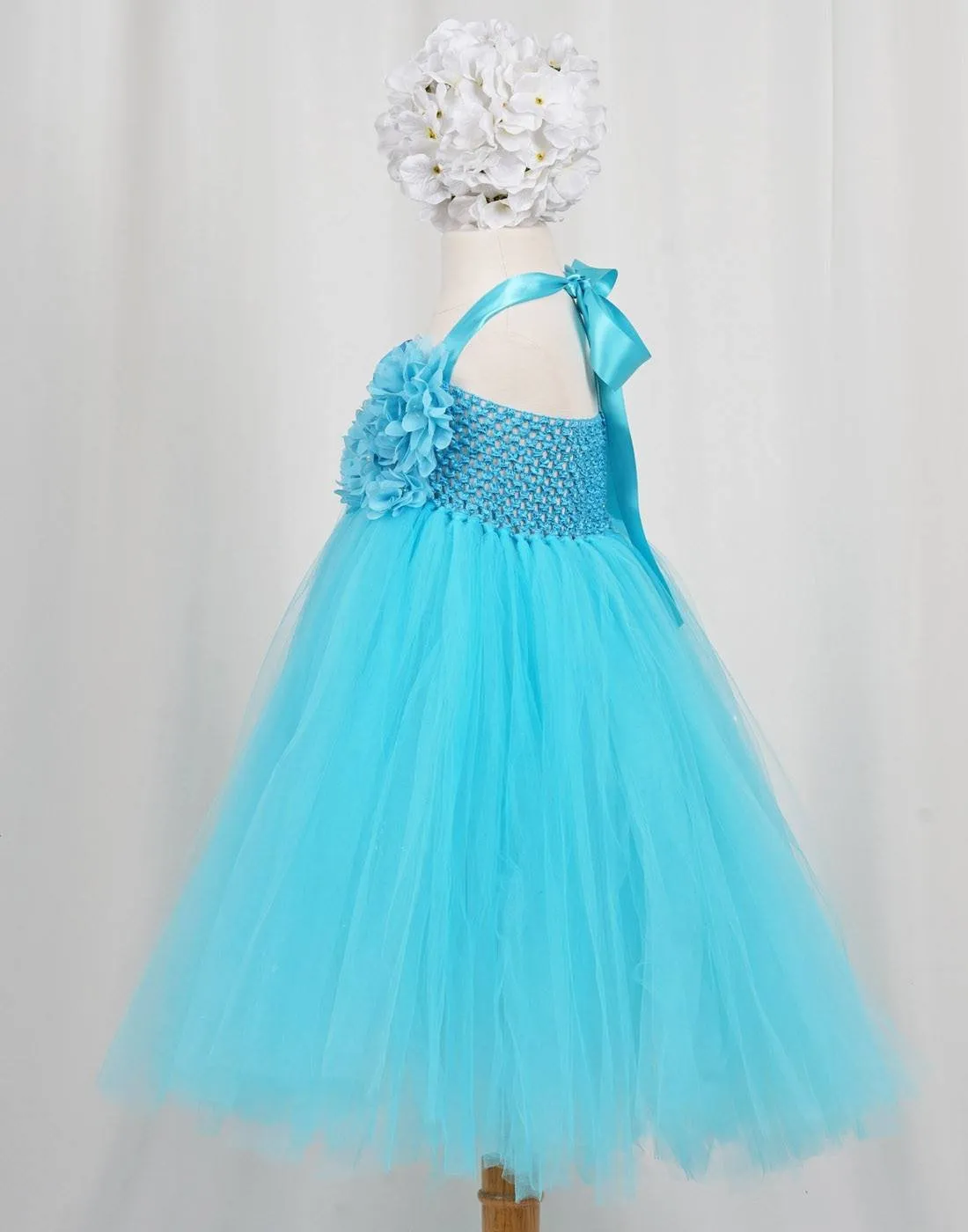 Fantastic Floriated Tulle Dress with Pearl Accents - Turquoise