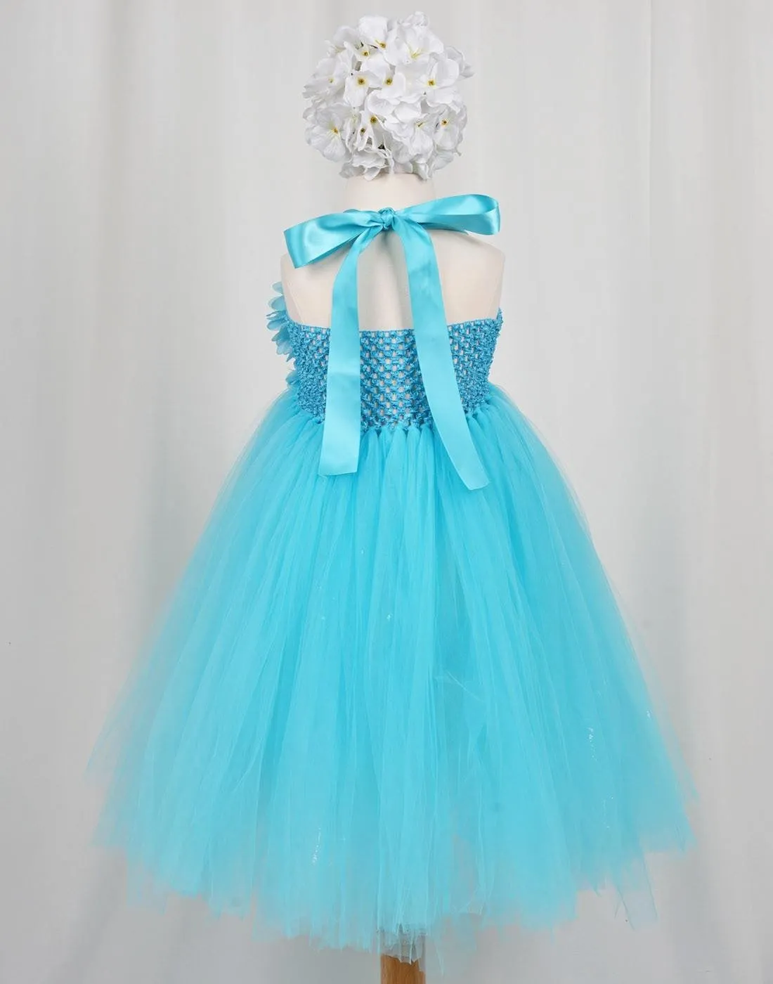 Fantastic Floriated Tulle Dress with Pearl Accents - Turquoise