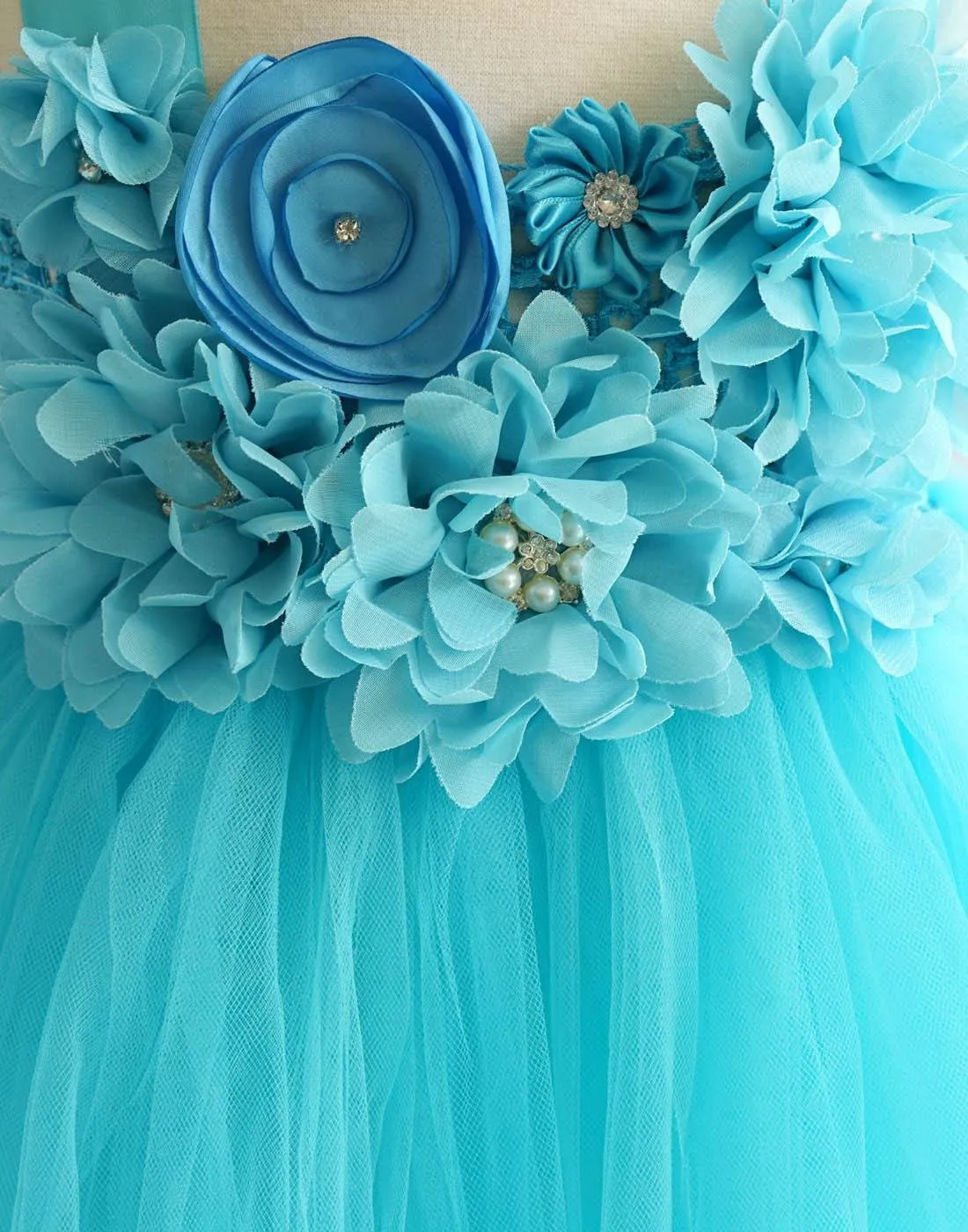 Fantastic Floriated Tulle Dress with Pearl Accents - Turquoise