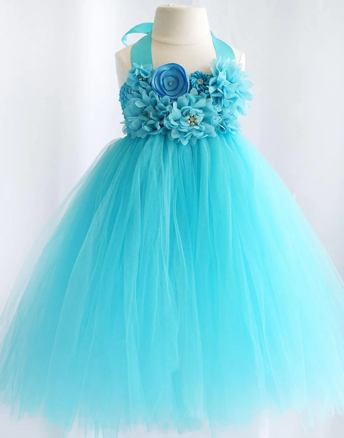 Fantastic Floriated Tulle Dress with Pearl Accents - Turquoise