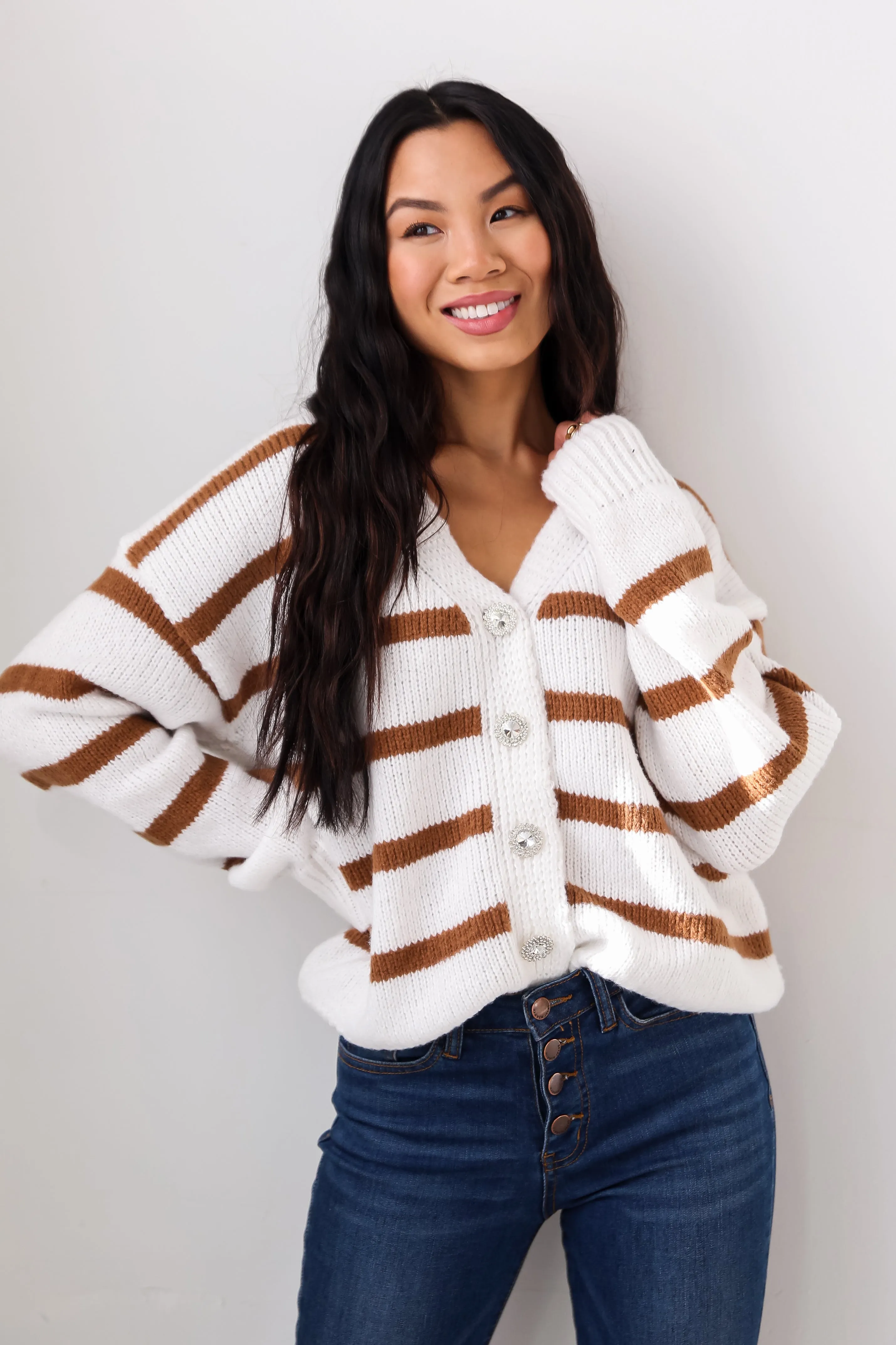 FINAL SALE - Watch Me Shine White Oversized Striped Sweater Cardigan