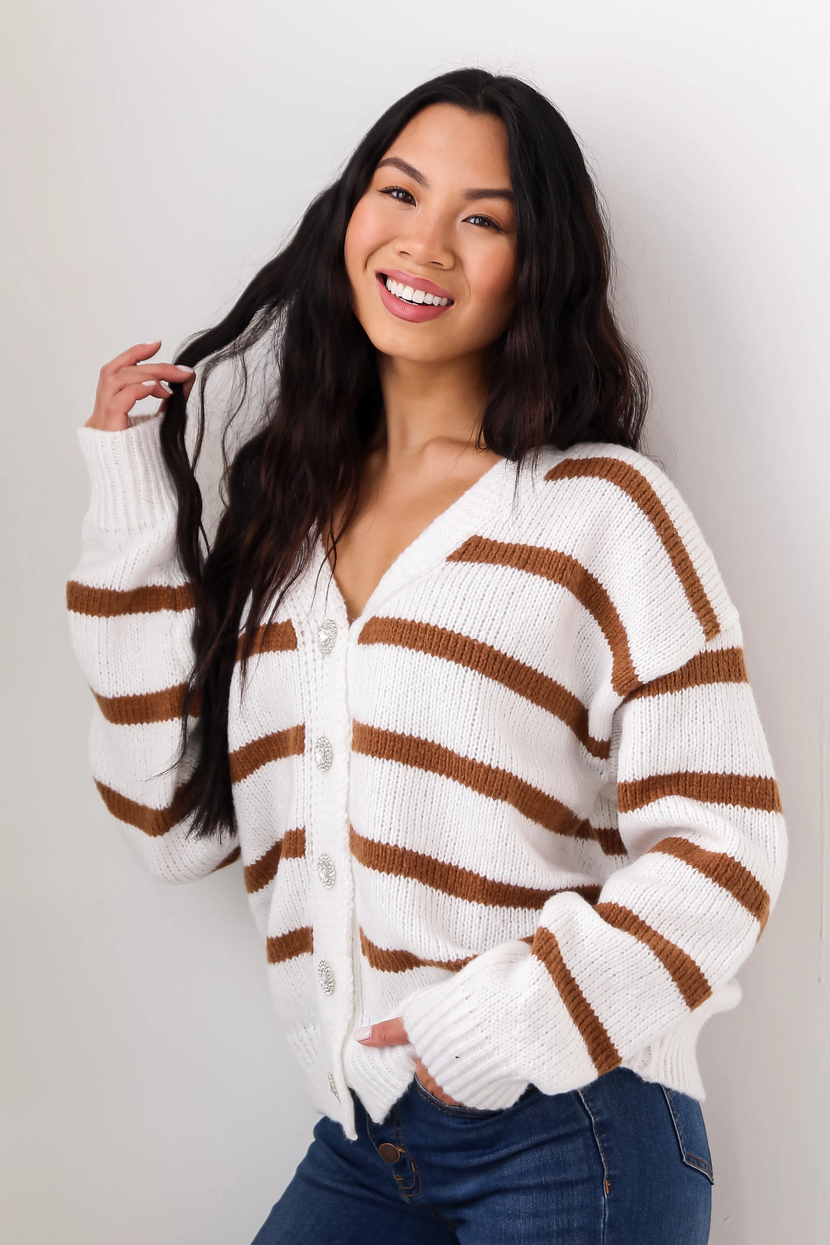 FINAL SALE - Watch Me Shine White Oversized Striped Sweater Cardigan