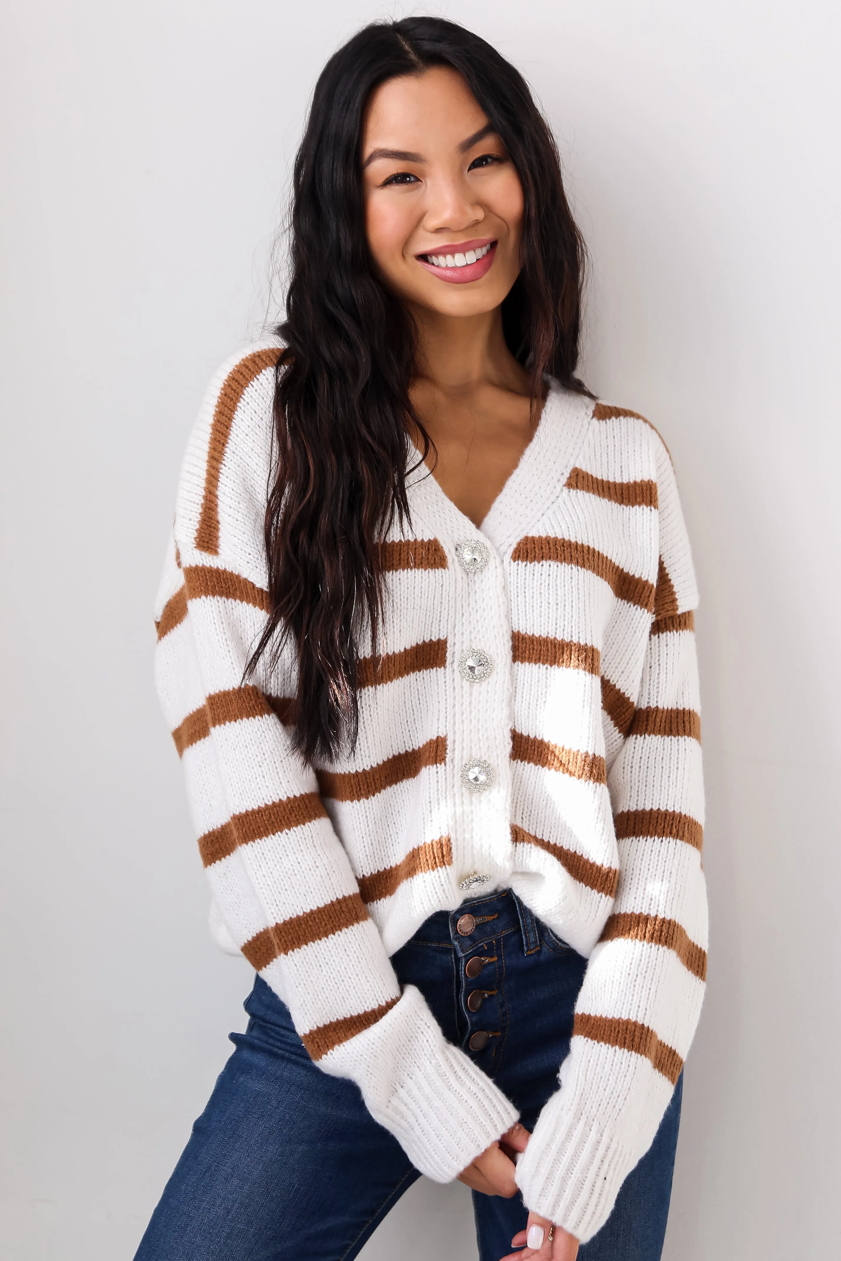 FINAL SALE - Watch Me Shine White Oversized Striped Sweater Cardigan