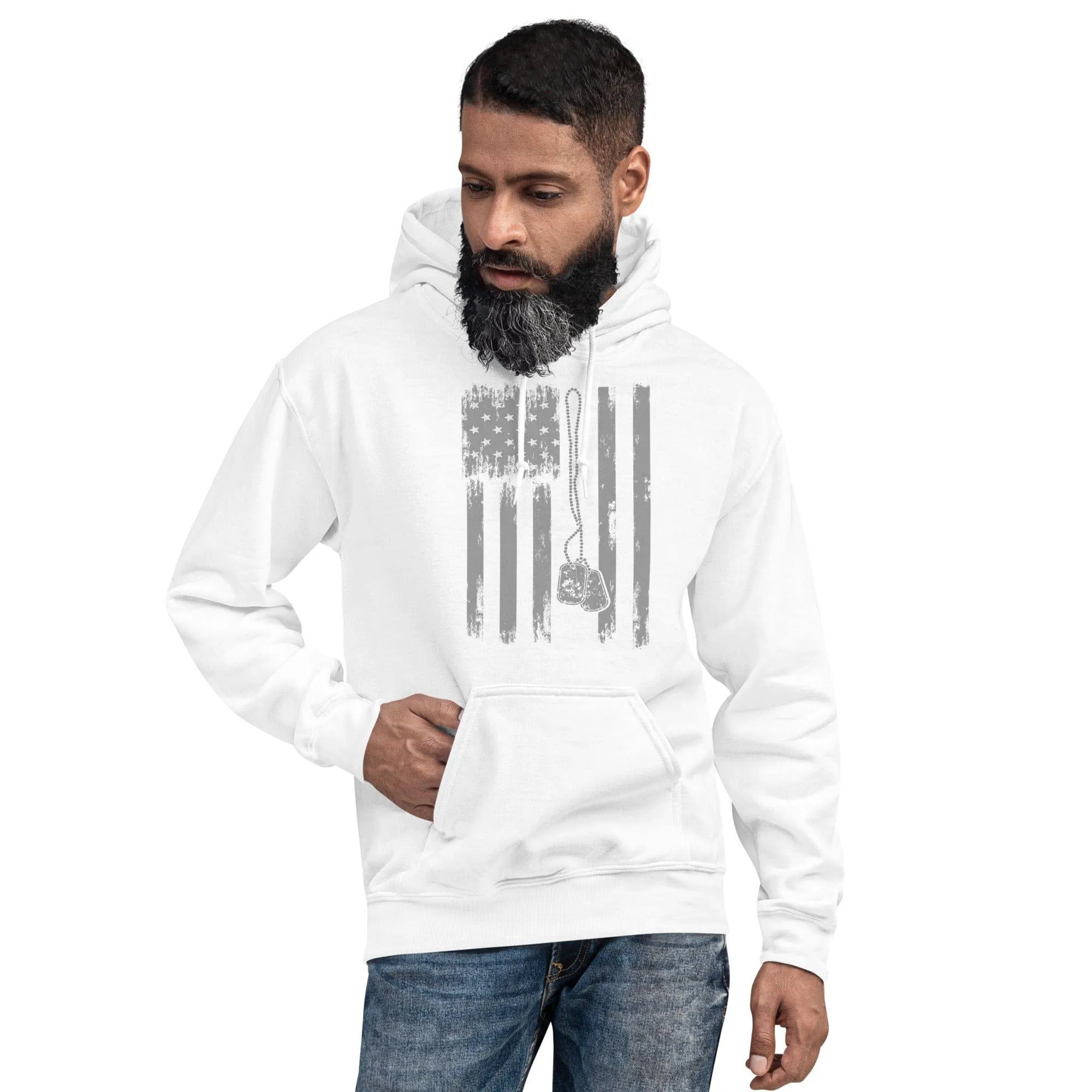 Flag Hoodie American Flag with Hanging Dog Tags DTG Printed Premium Blended Pullover