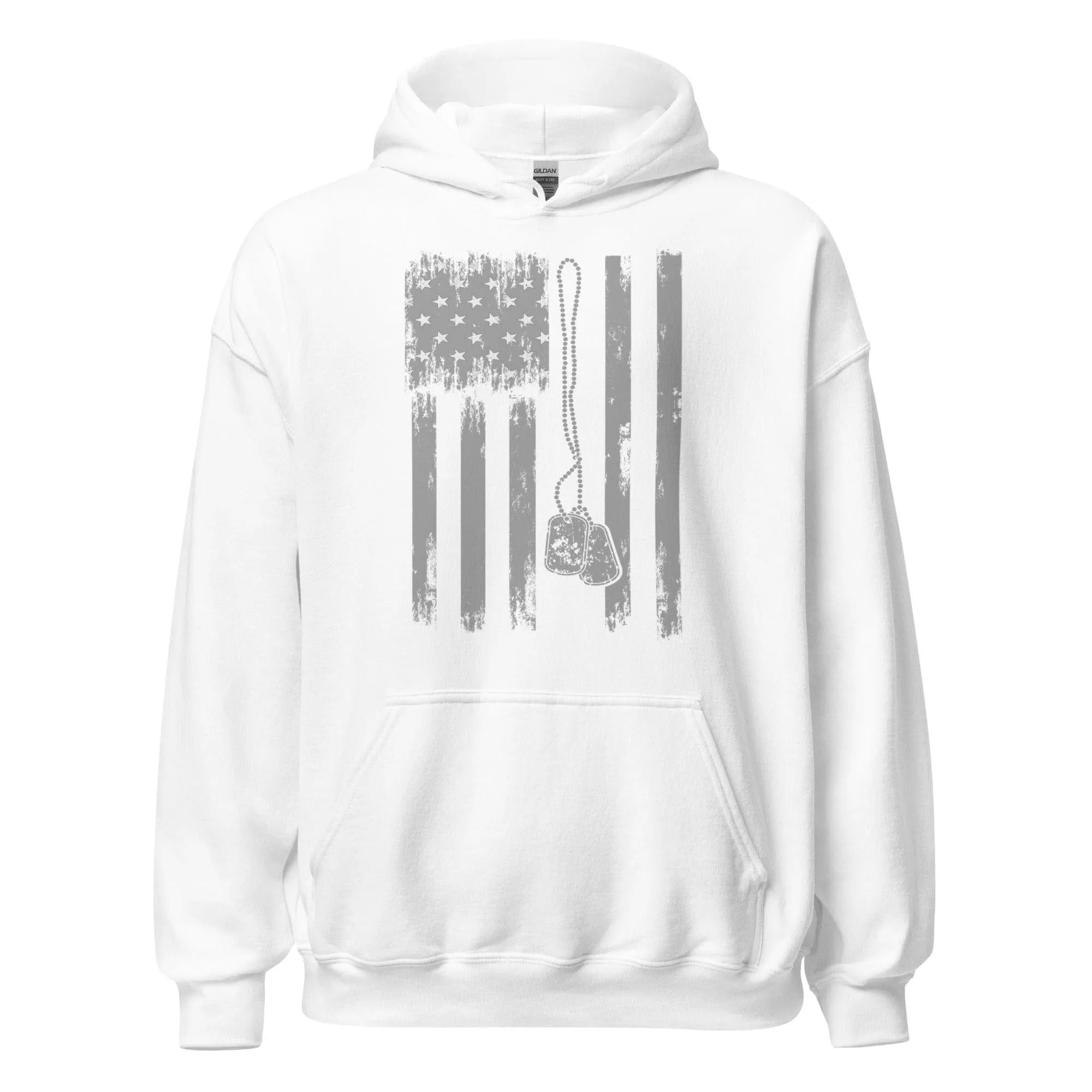 Flag Hoodie American Flag with Hanging Dog Tags DTG Printed Premium Blended Pullover