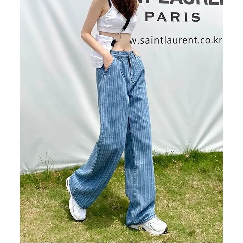 Floor-Length Pleated Loose Fit Straight Stripe High-Waisted Wide-Leg Jeans