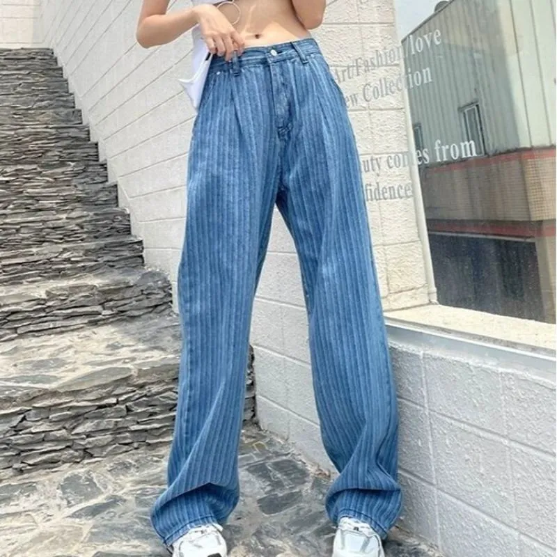 Floor-Length Pleated Loose Fit Straight Stripe High-Waisted Wide-Leg Jeans