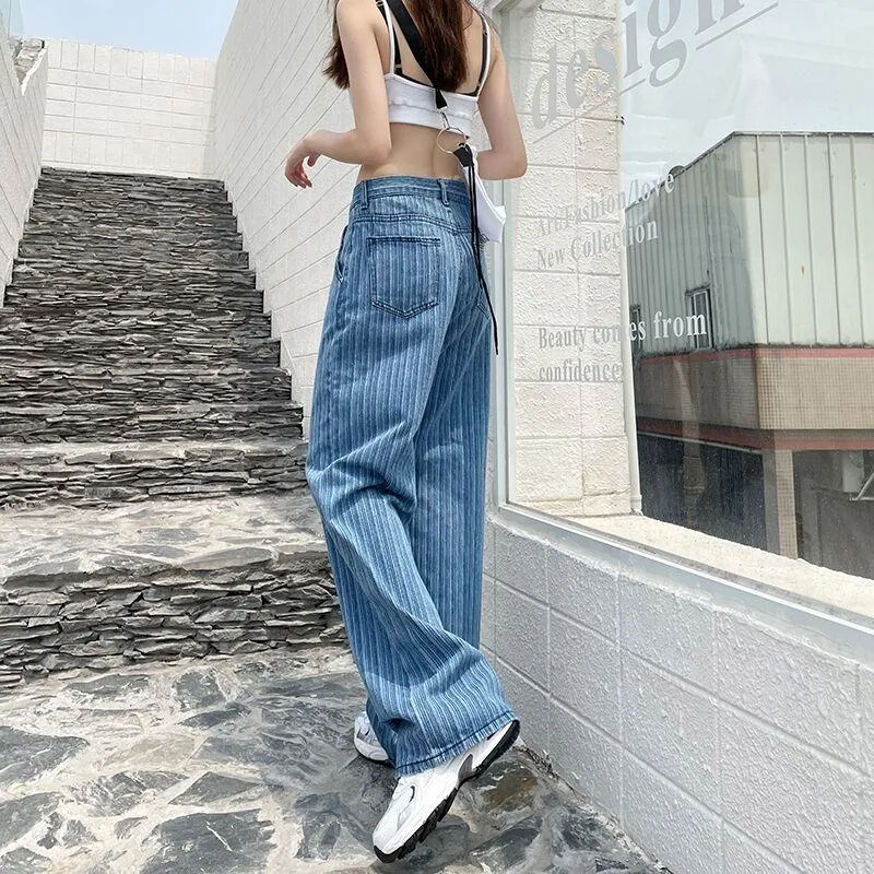 Floor-Length Pleated Loose Fit Straight Stripe High-Waisted Wide-Leg Jeans