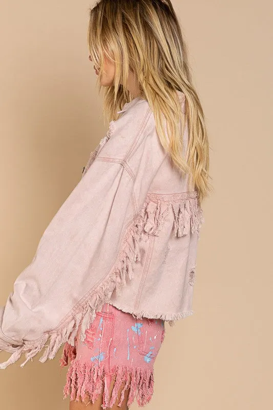 Fringe Distressed Crop Denim Jacket