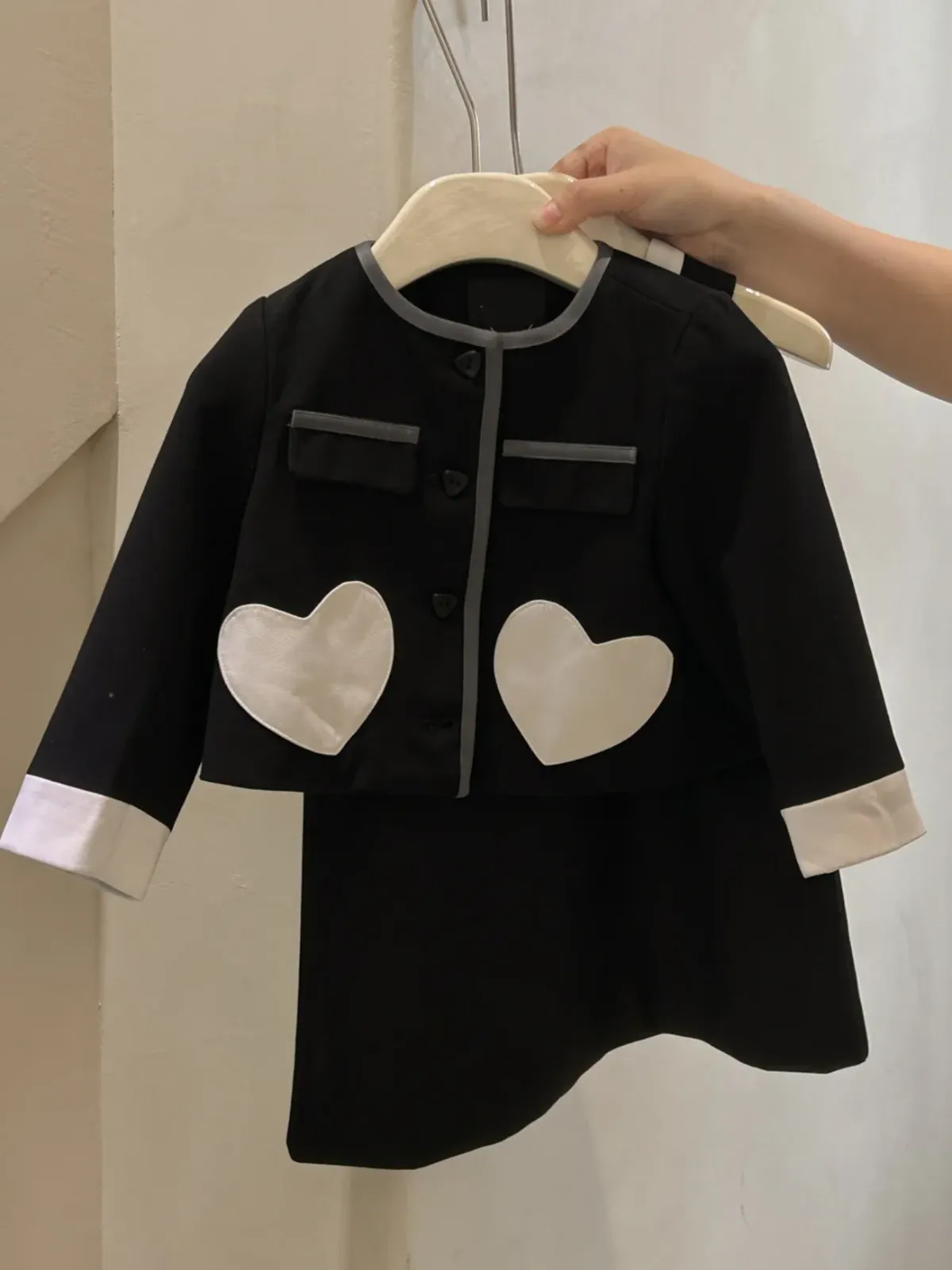 Girl's Elegant Black Dress and Heart Cardigan Set