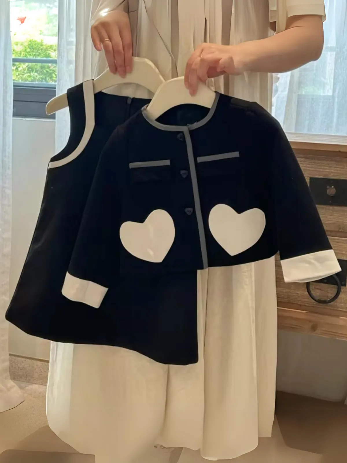 Girl's Elegant Black Dress and Heart Cardigan Set