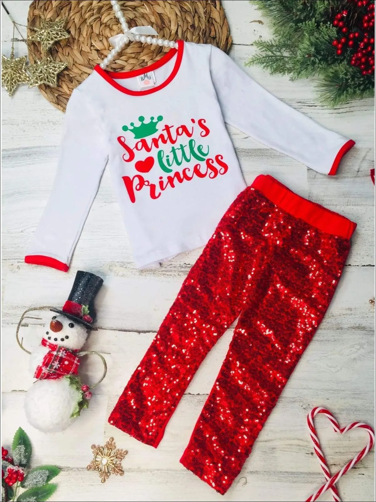 Girls "Santa's Little Princess" Top and Sequin Leggings Set