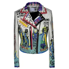 Graffiti Faux Leather Jacket Cropped Moto-Russian Vibes