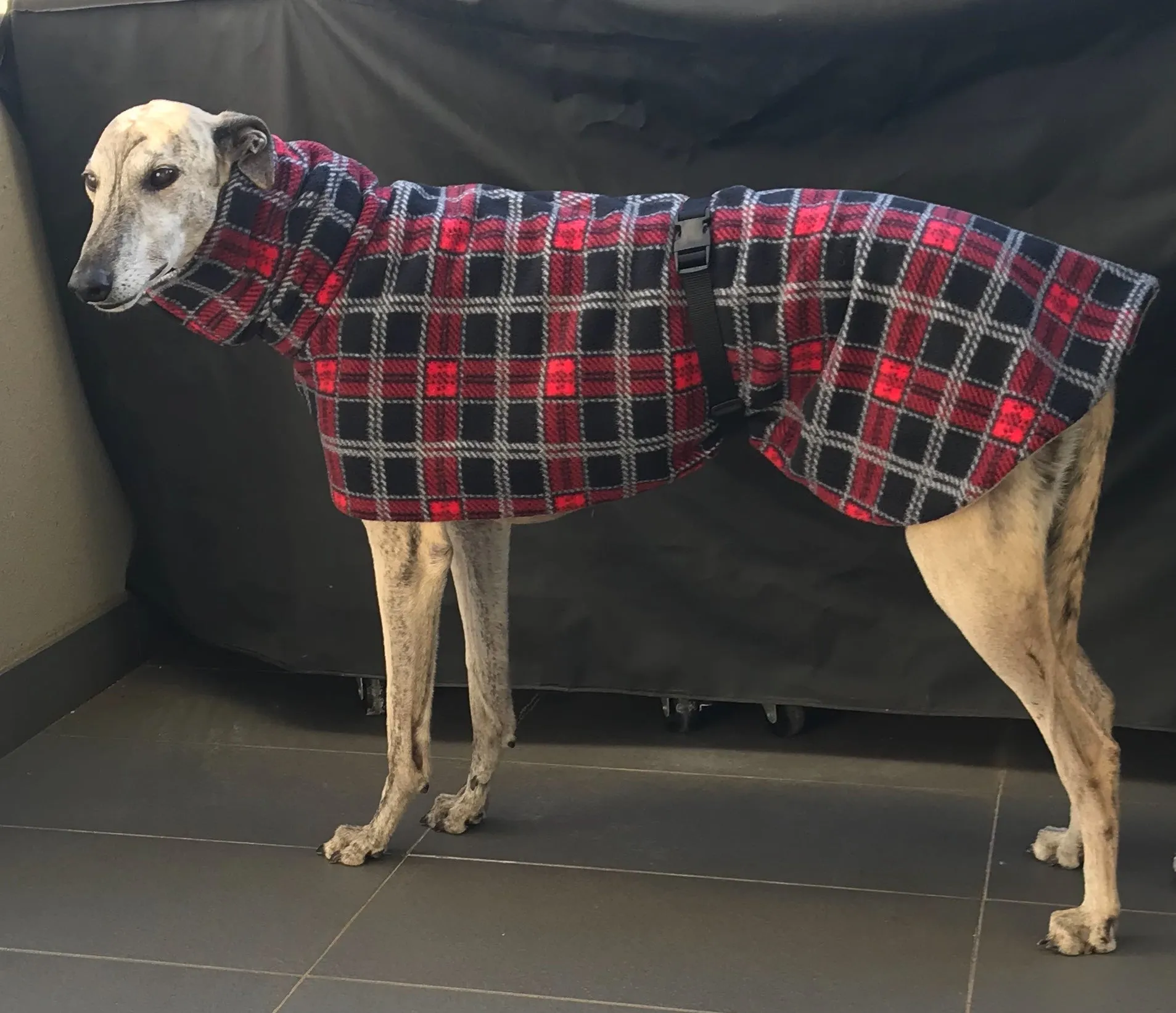 Greyhound coat in deluxe style rug red black tartan check  polar fleece washable extra wide neck