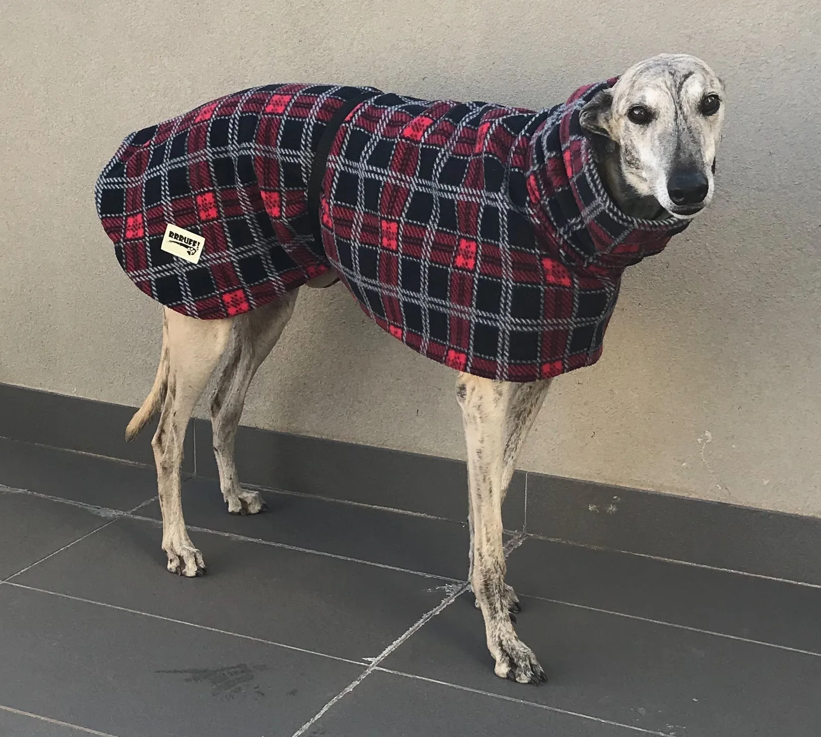 Greyhound coat in deluxe style rug red black tartan check  polar fleece washable extra wide neck