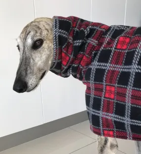 Greyhound coat in deluxe style rug red black tartan check  polar fleece washable extra wide neck