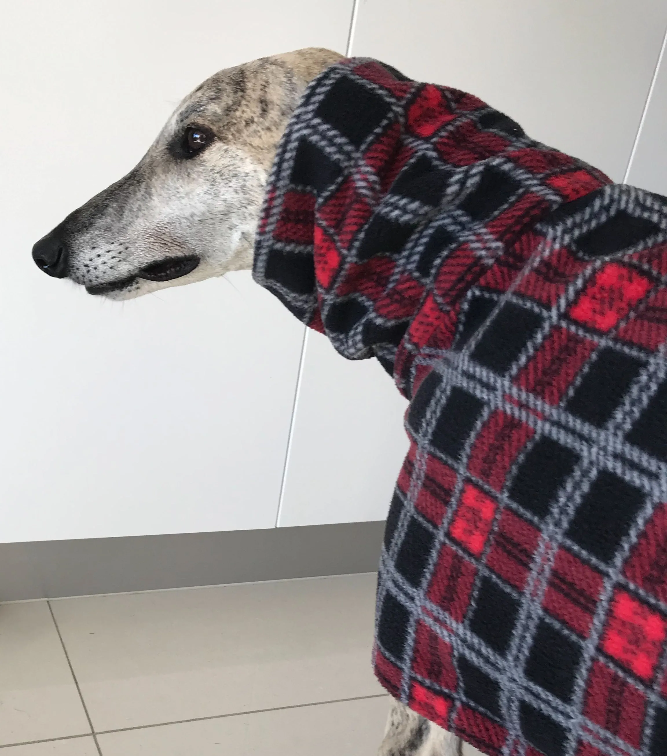 Greyhound coat in deluxe style rug red black tartan check  polar fleece washable extra wide neck