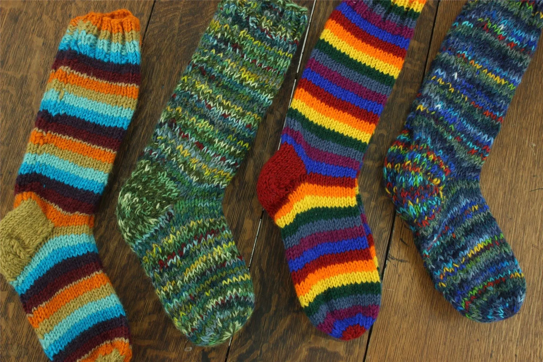 Hand Knitted Wool Long Socks - Stripe Rainbow