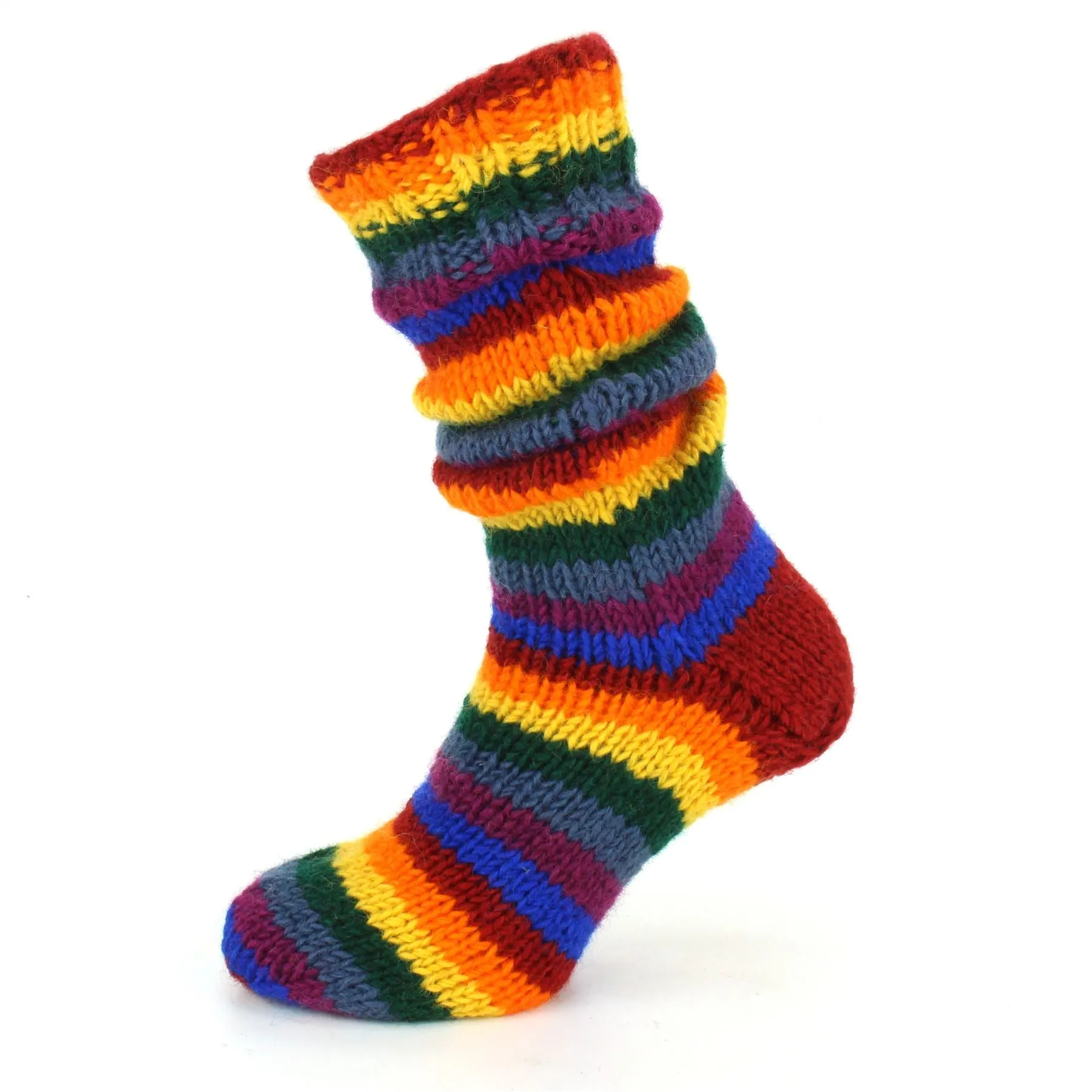 Hand Knitted Wool Long Socks - Stripe Rainbow