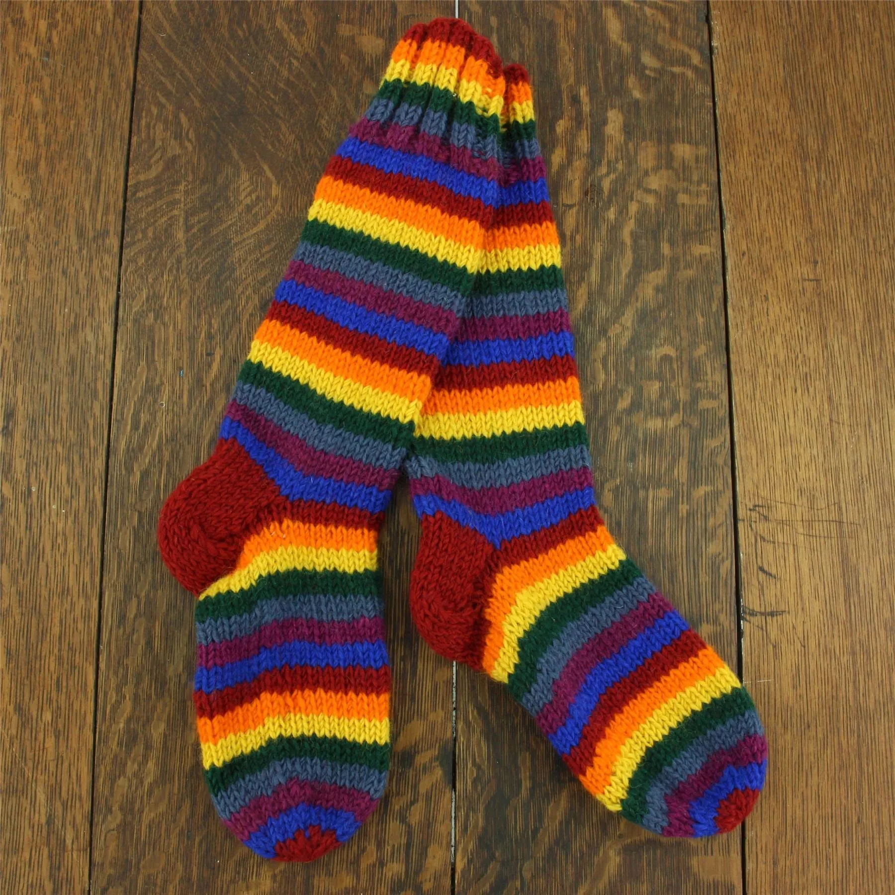 Hand Knitted Wool Long Socks - Stripe Rainbow