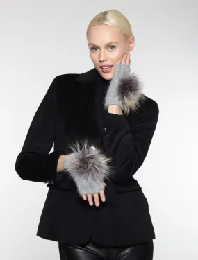 Hand Warmers, Fingerless Gloves, Angora Wool with Genuine Fur Pom, Multiple Colors - Linda Richards - Style HW62