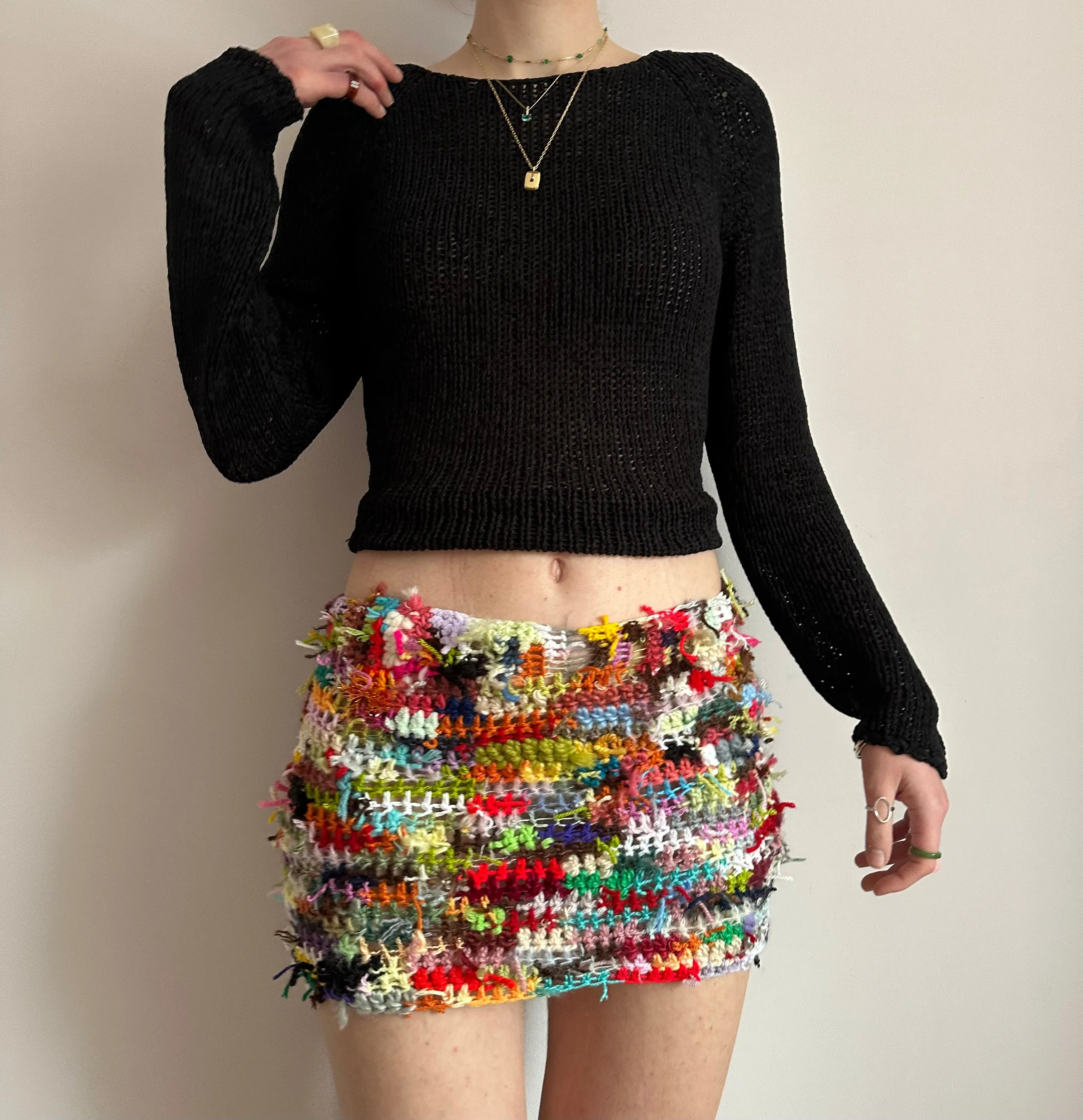 Handmade scrappy crochet mini skirt - 1 of 1, made of leftover yarn scraps