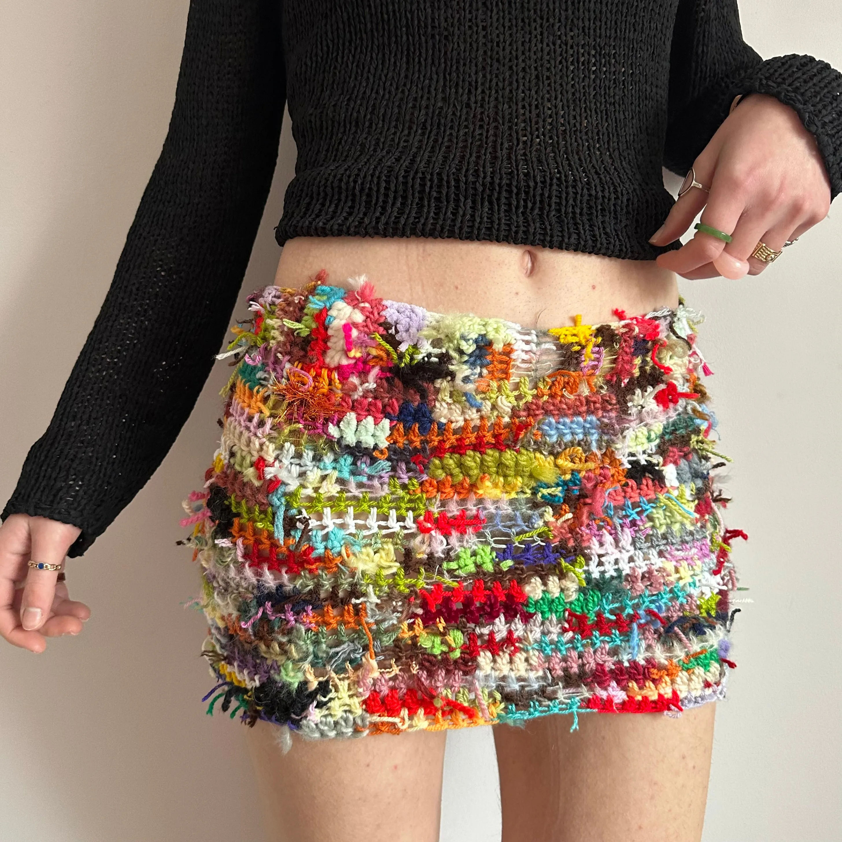 Handmade scrappy crochet mini skirt - 1 of 1, made of leftover yarn scraps