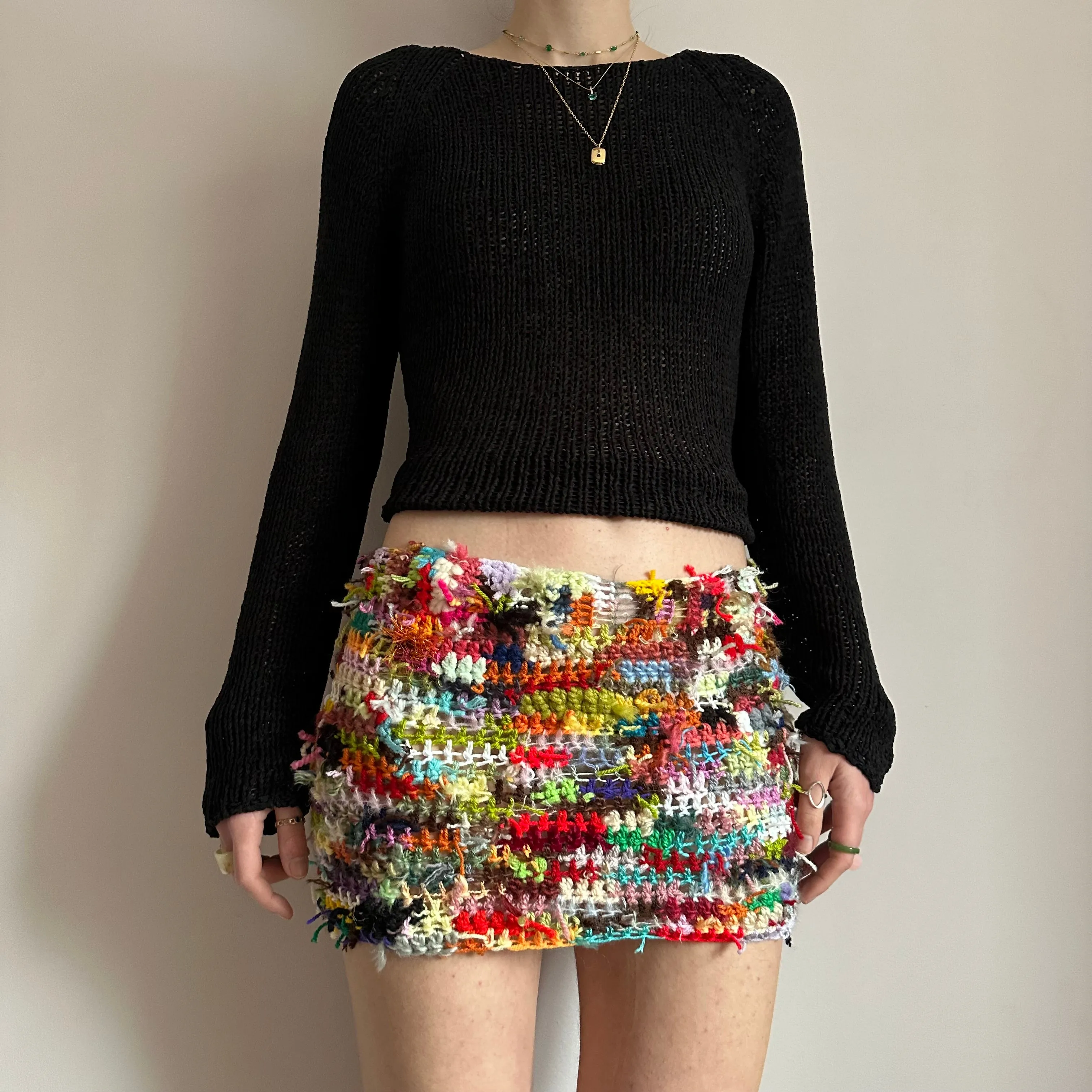 Handmade scrappy crochet mini skirt - 1 of 1, made of leftover yarn scraps