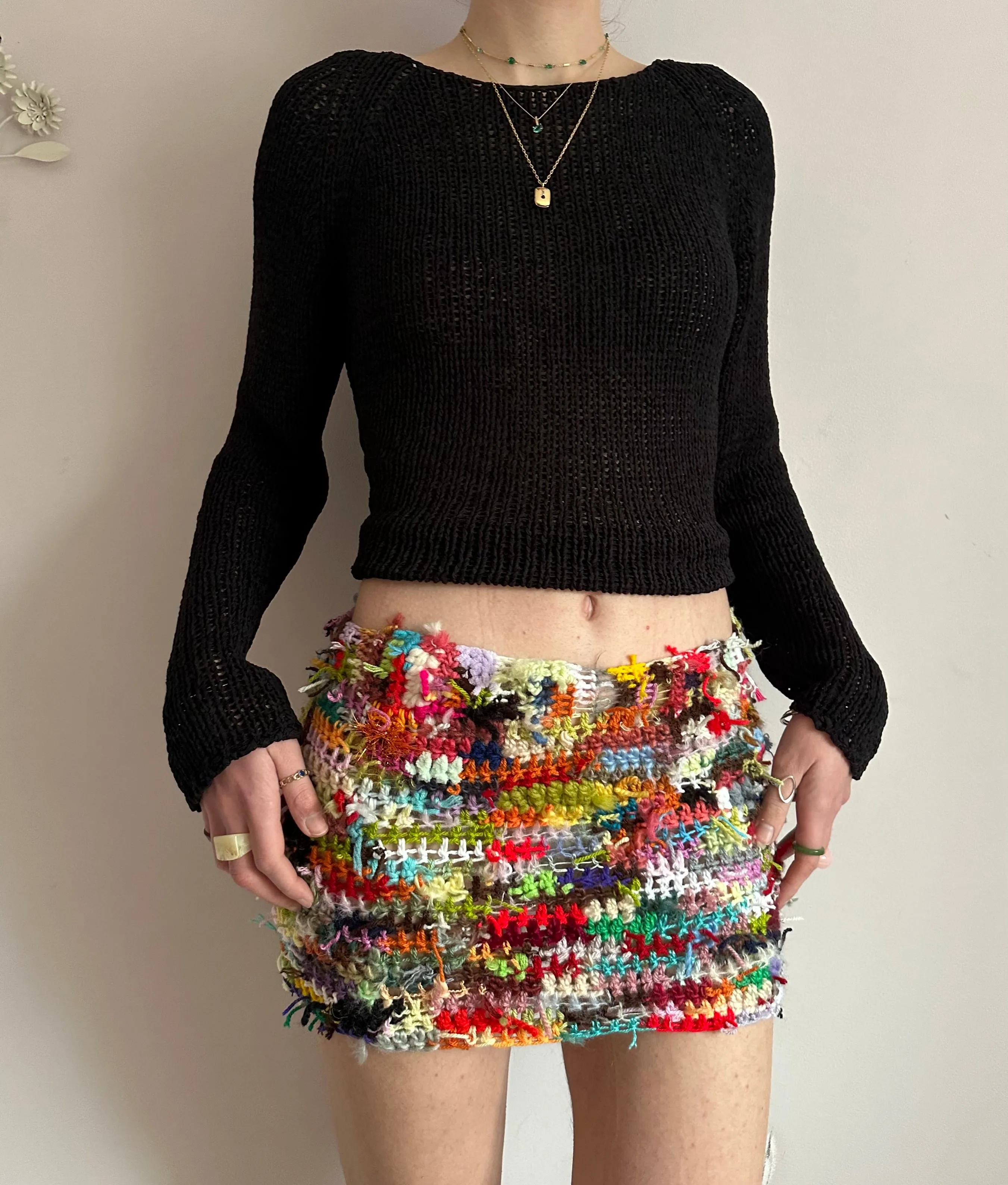 Handmade scrappy crochet mini skirt - 1 of 1, made of leftover yarn scraps