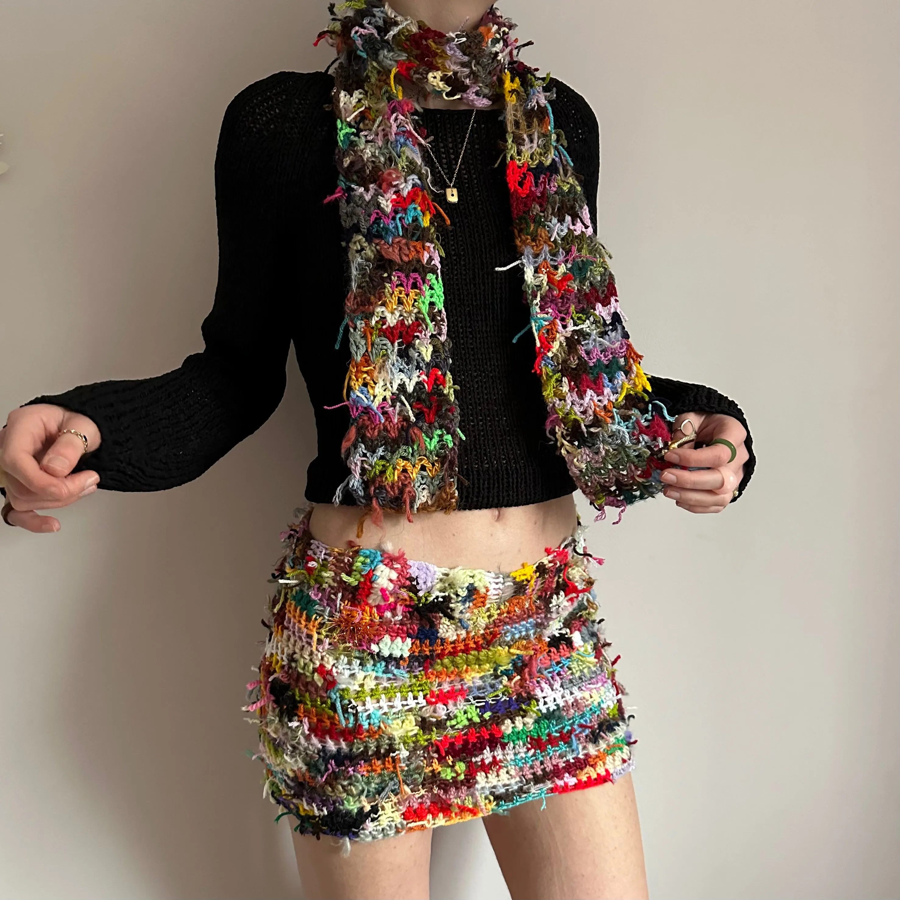 Handmade scrappy crochet mini skirt - 1 of 1, made of leftover yarn scraps