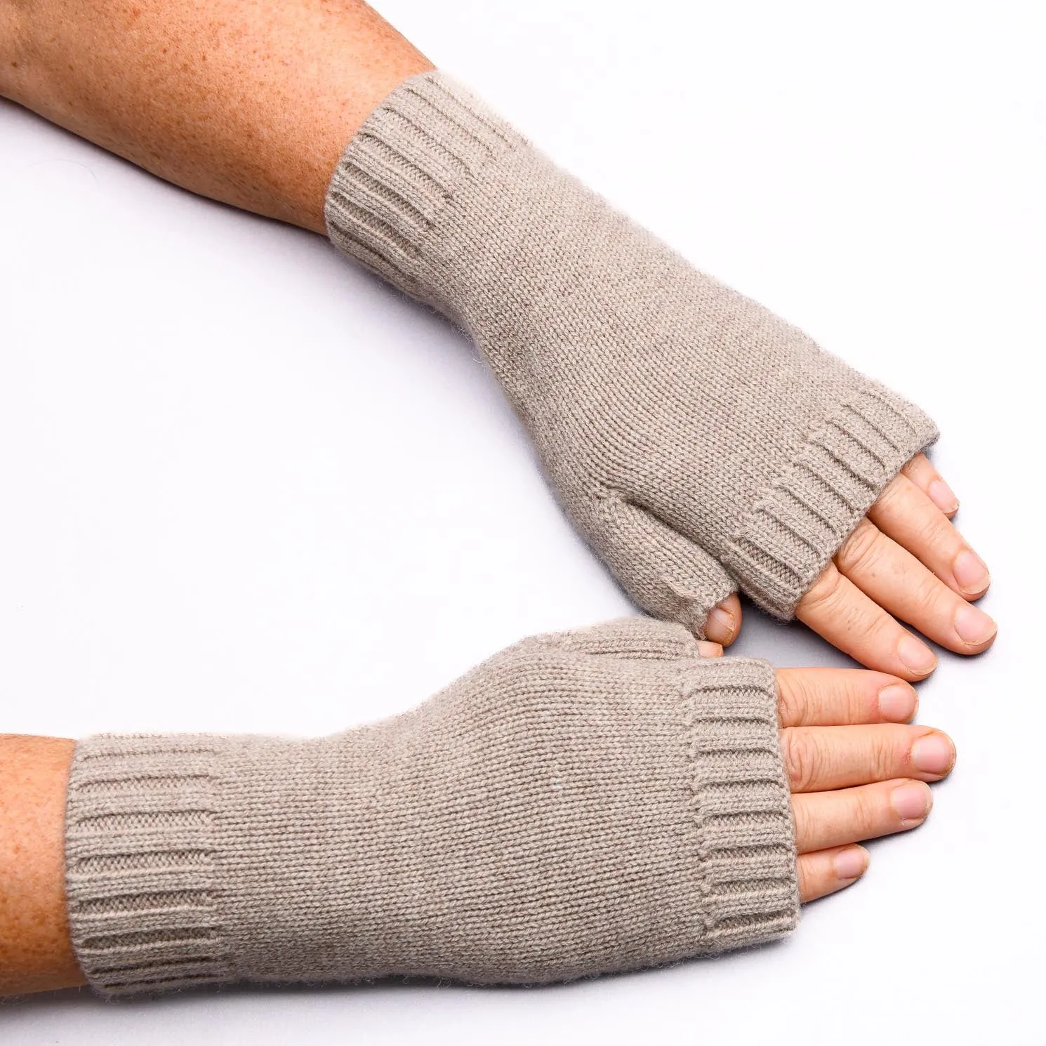 Hands UP!  Rib and Jersey Sustainable Pure Merino Wool Fingerless Glove, Biscuit