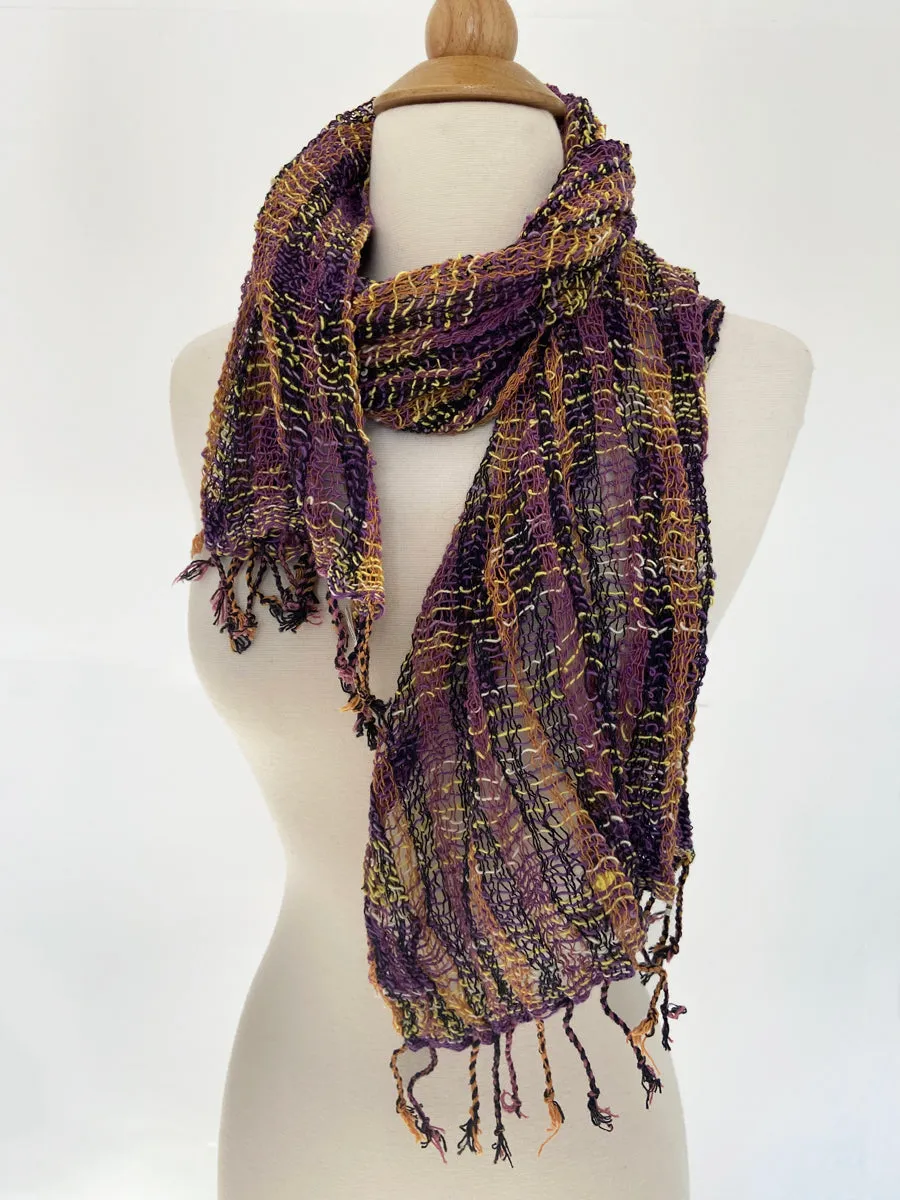 Handwoven Open Weave Cotton Scarf - Multi Black-Purple-Gold