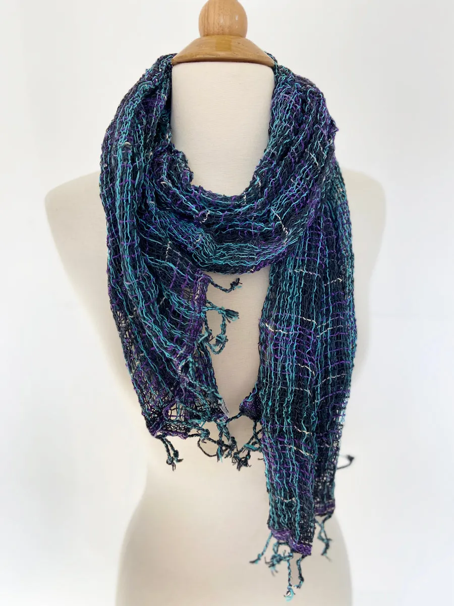 Handwoven Open Weave Cotton Scarf - Multi Black-Turquoise-Purple