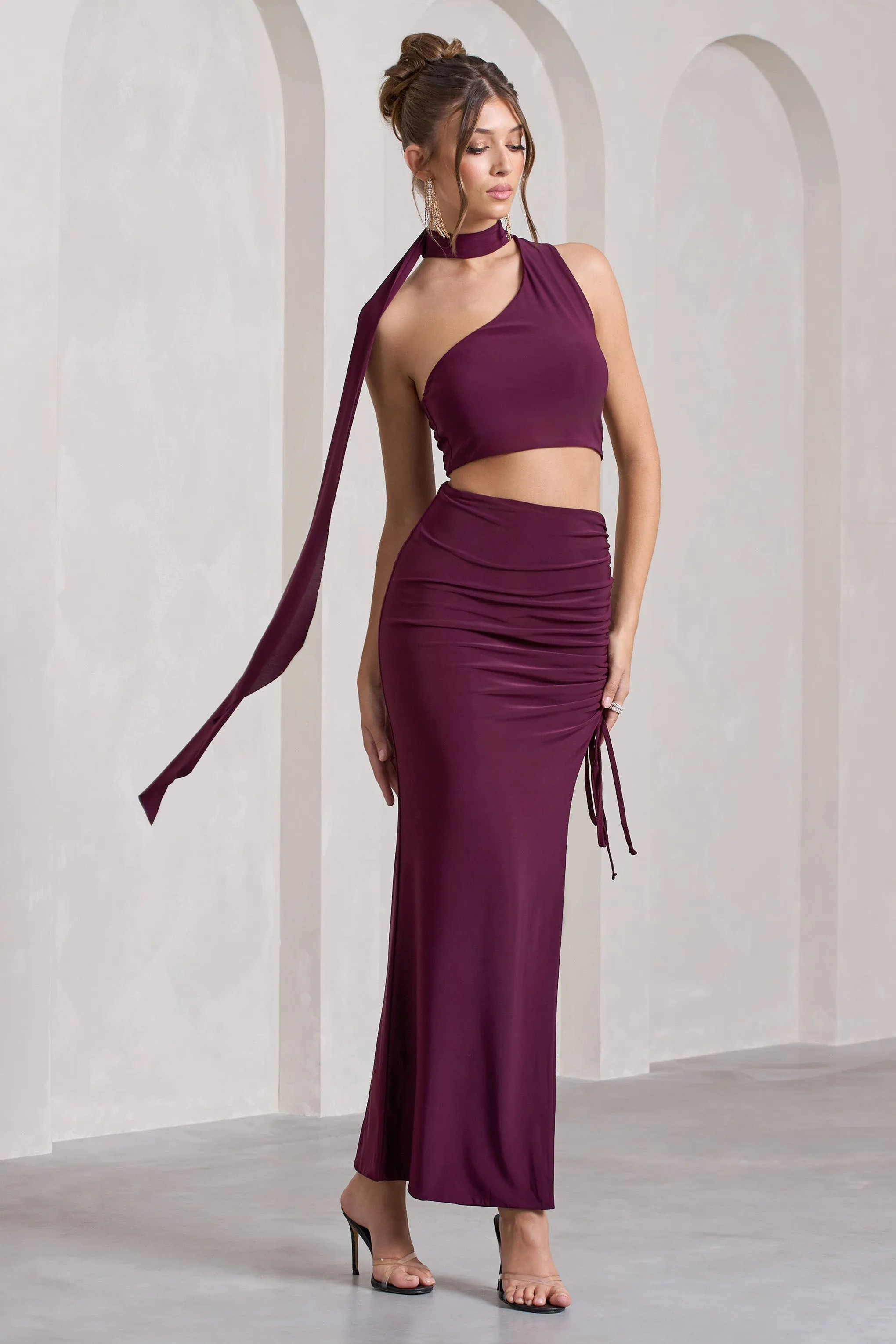 In The Air | Plum Ruched Asymmetric High-Waisted Maxi Skirt