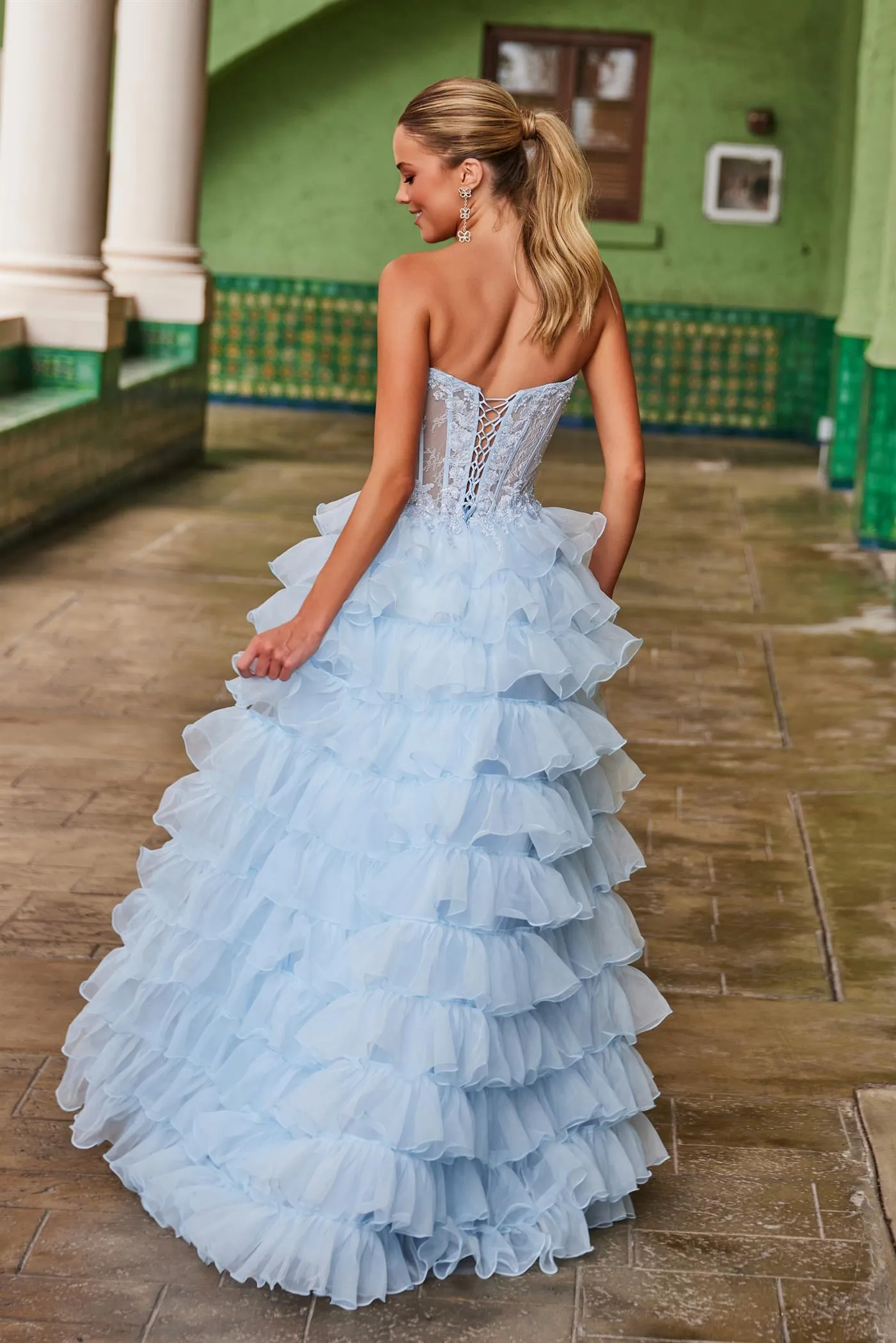 IRMA Strapless Tulle Layered Ruffle Prom & Formal Dress