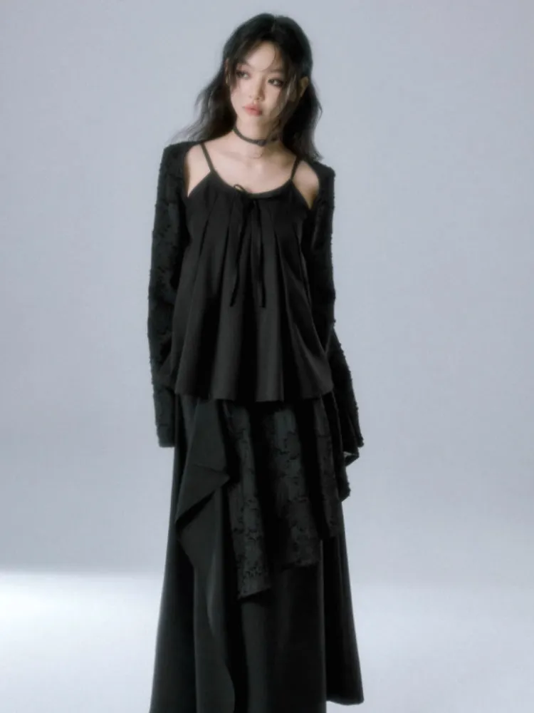 Jacquard Pleated Cut Out Tops & Irregular Layered Long Skirt【s0000004371】