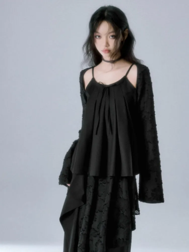 Jacquard Pleated Cut Out Tops & Irregular Layered Long Skirt【s0000004371】