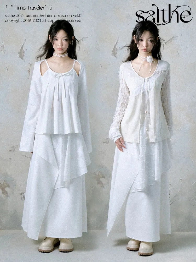 Jacquard Pleated Cut Out Tops & Irregular Layered Long Skirt【s0000004371】