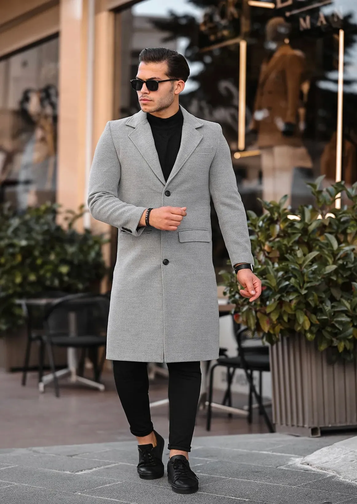 [John Shay] Light Grey Long Single-Breasted Pea Coat --100% Wool