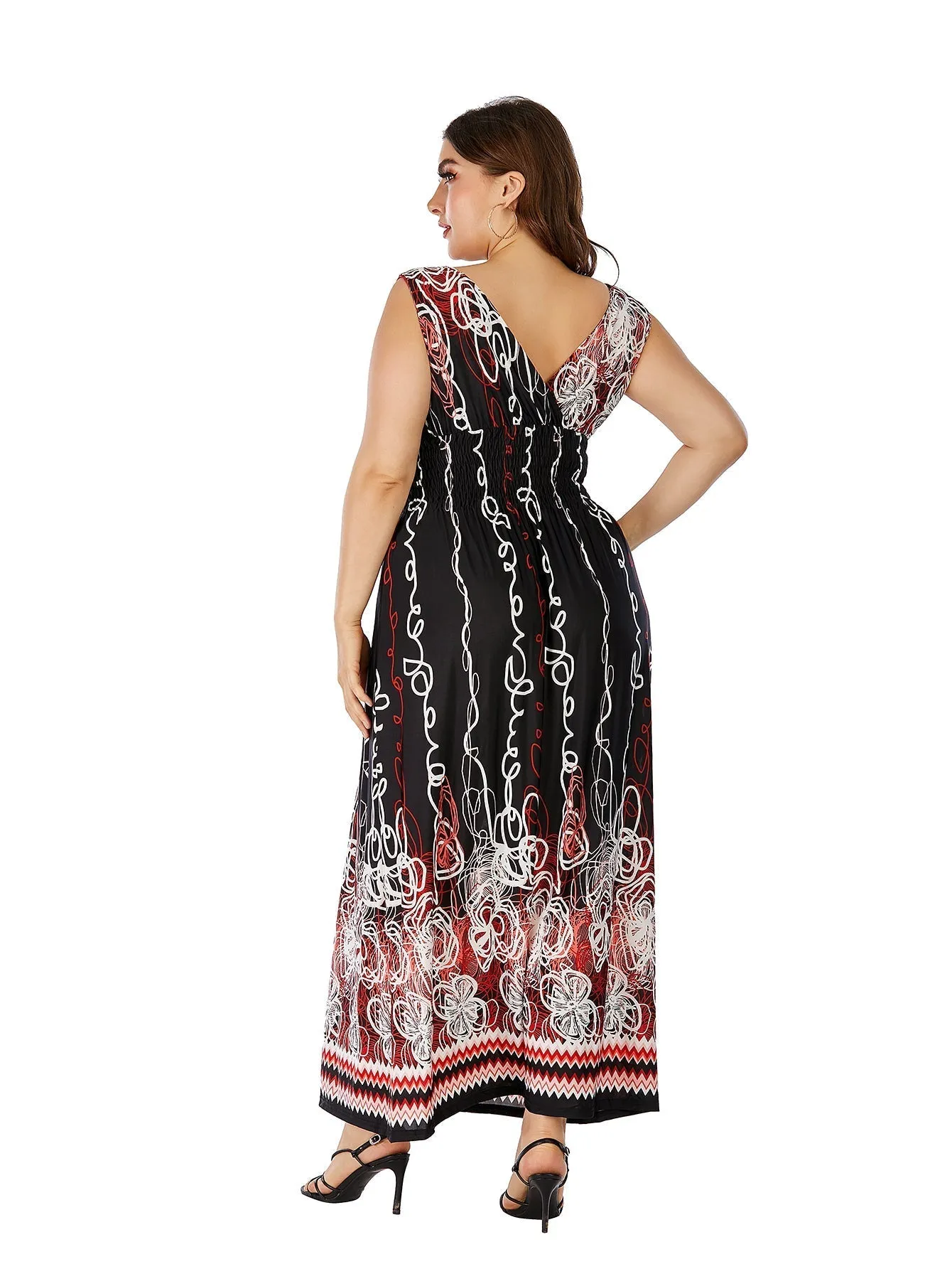 KittenAlarm - Plus Size Double V-neck Paisley Print High Elastic Waist Maxi Dress Beach Dress