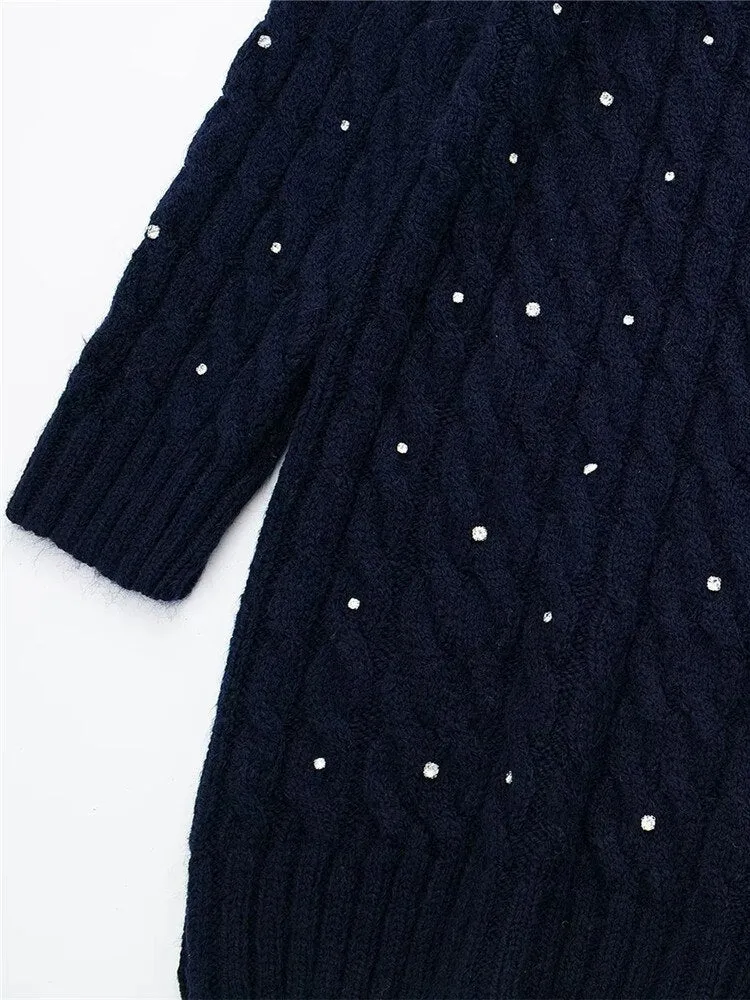 Knitted Long Sweater Women Navy Warm Woman Winter Sweater Rhinestone