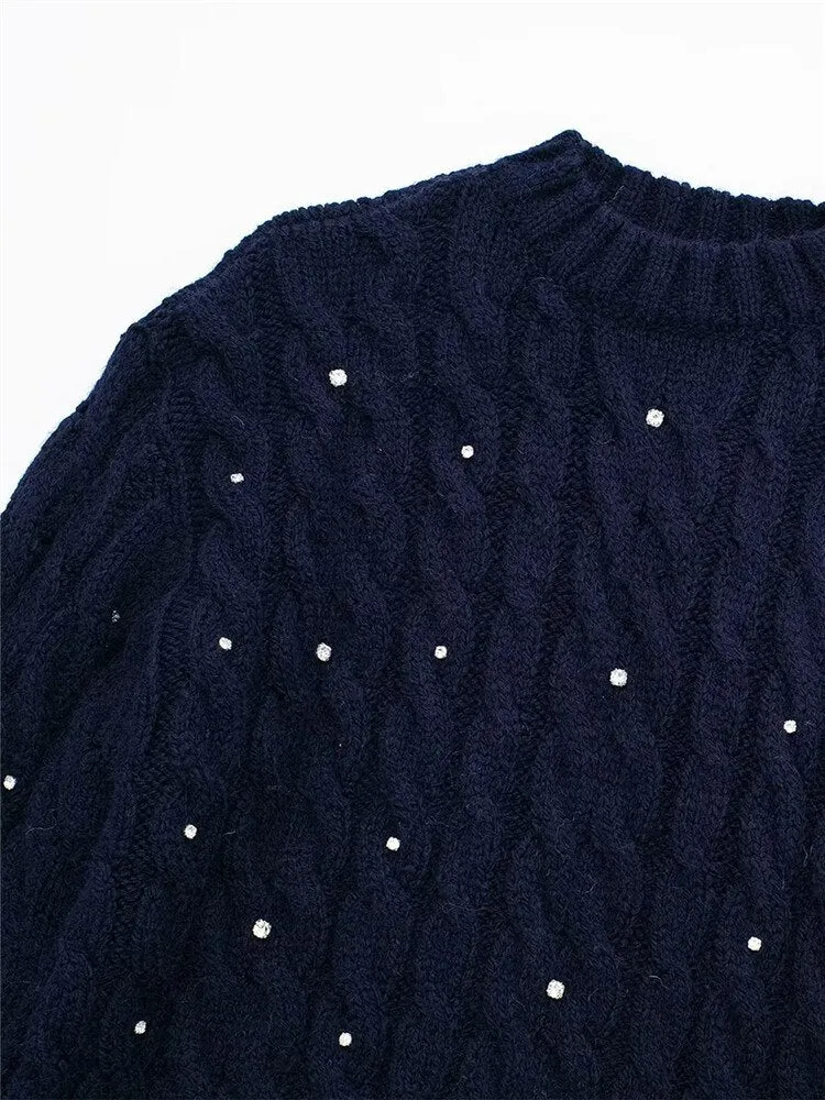 Knitted Long Sweater Women Navy Warm Woman Winter Sweater Rhinestone