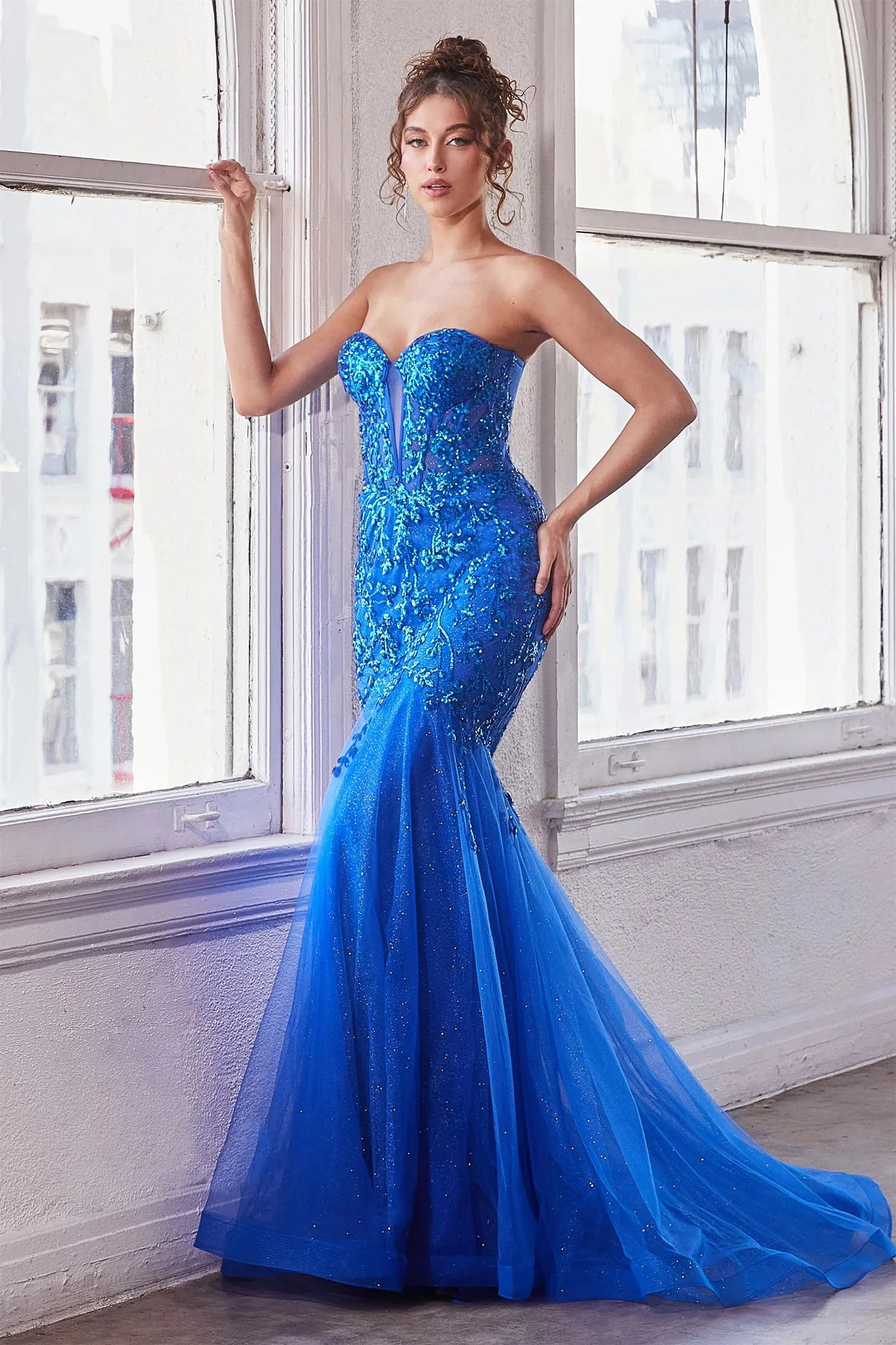 Ladivine CB139 Sheer Corset Shimmer Mermaid Sequin Prom Dress Strapless Formal Gown