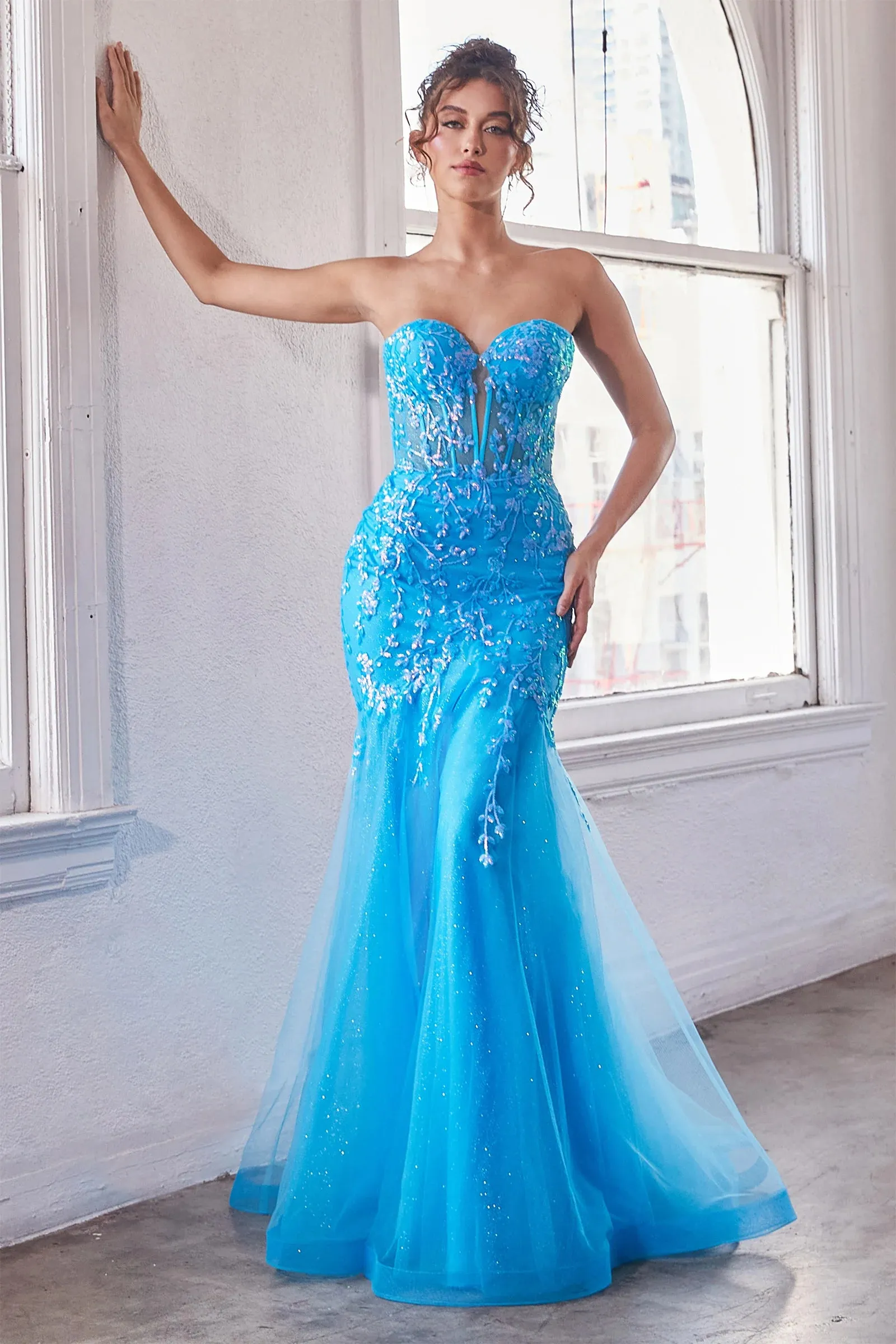 Ladivine CB139 Sheer Corset Shimmer Mermaid Sequin Prom Dress Strapless Formal Gown