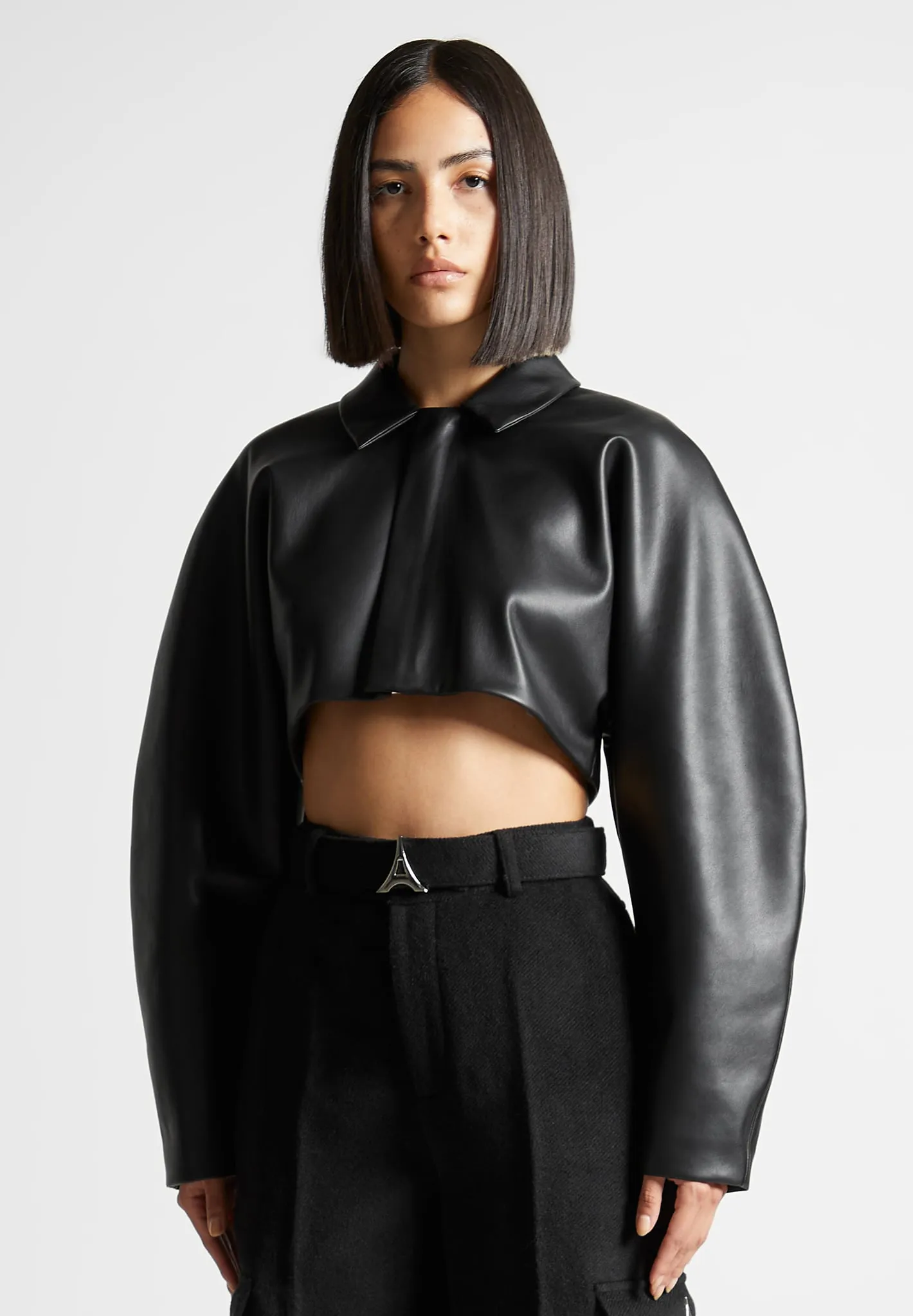 Leather Super Cropped Jacket  - Black