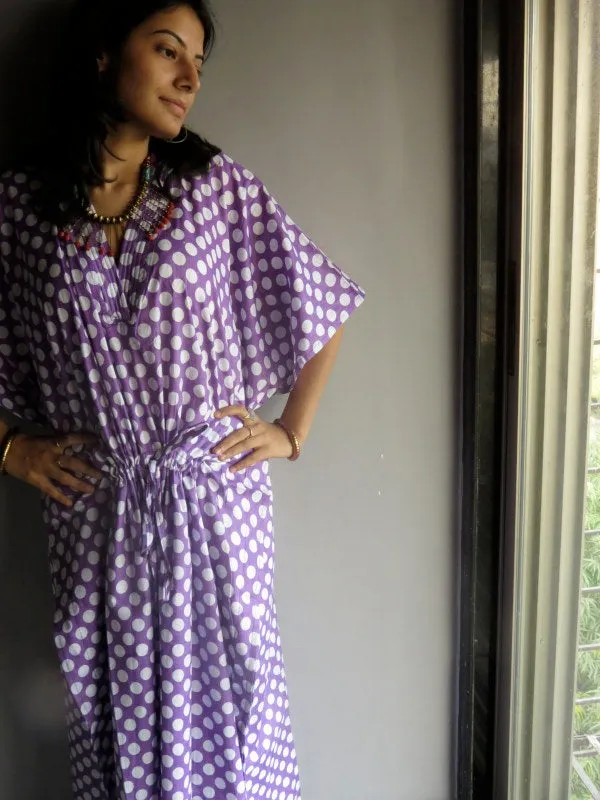 Lilac Polka Dots V-Neck, Ankle Length, Cinched Waist Caftan