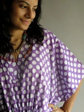 Lilac Polka Dots V-Neck, Ankle Length, Cinched Waist Caftan