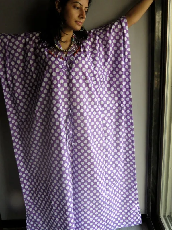 Lilac Polka Dots V-Neck, Ankle Length, Cinched Waist Caftan