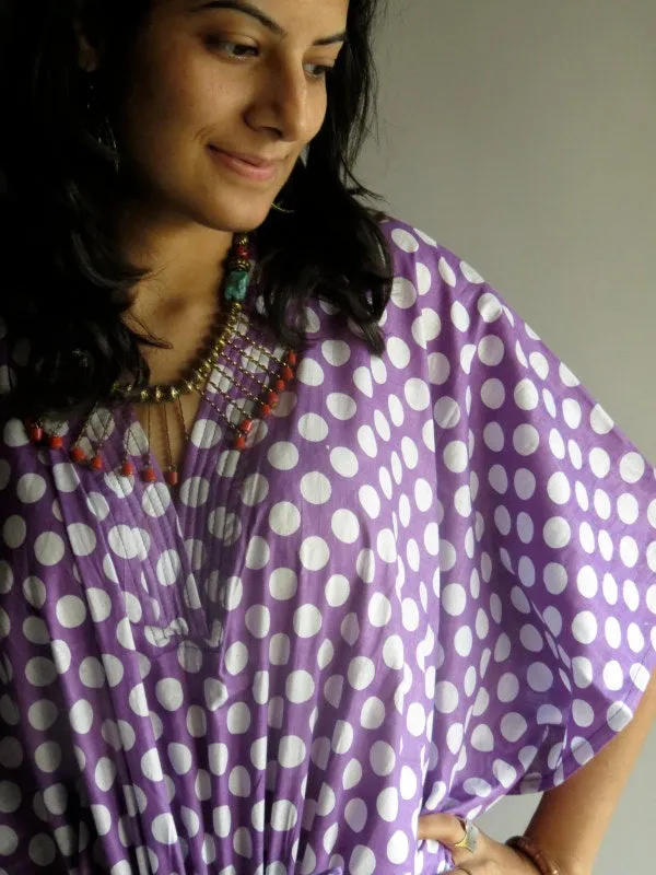 Lilac Polka Dots V-Neck, Ankle Length, Cinched Waist Caftan