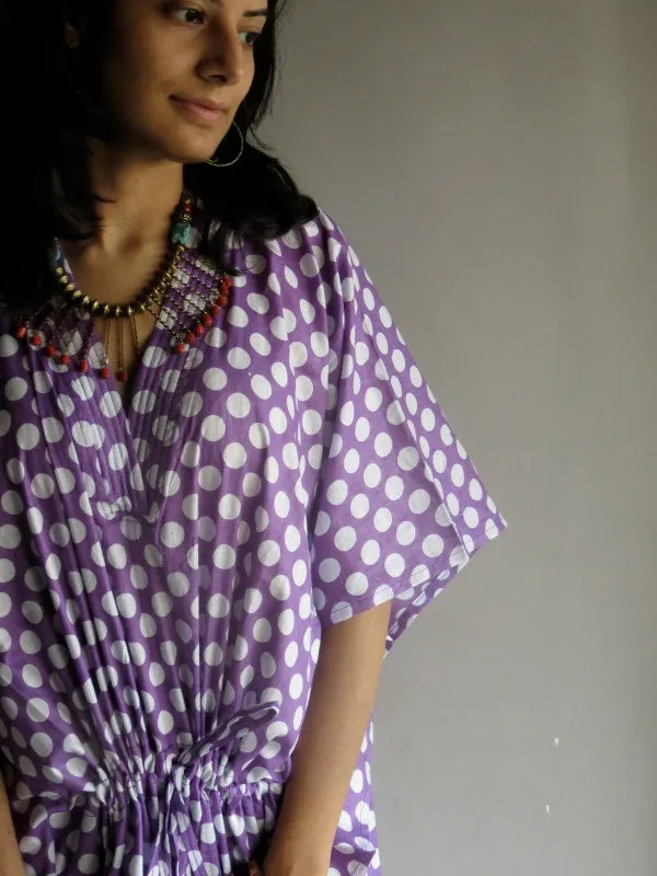 Lilac Polka Dots V-Neck, Ankle Length, Cinched Waist Caftan